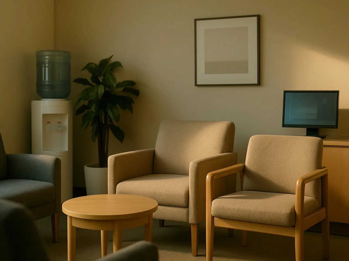 A quiet waiting room with beige chairs, a round wooden table, a water cooler, a potted plant, and a wall monitor