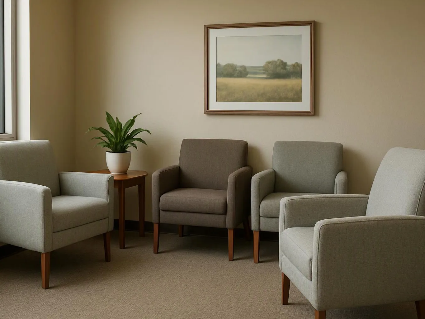 A quiet waiting room with four armchairs, a small side table, a potted plant, and framed landscape art on beige walls