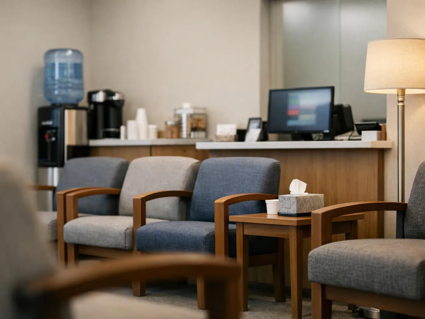 A quiet waiting room shows cushioned chairs, a small table with tissues