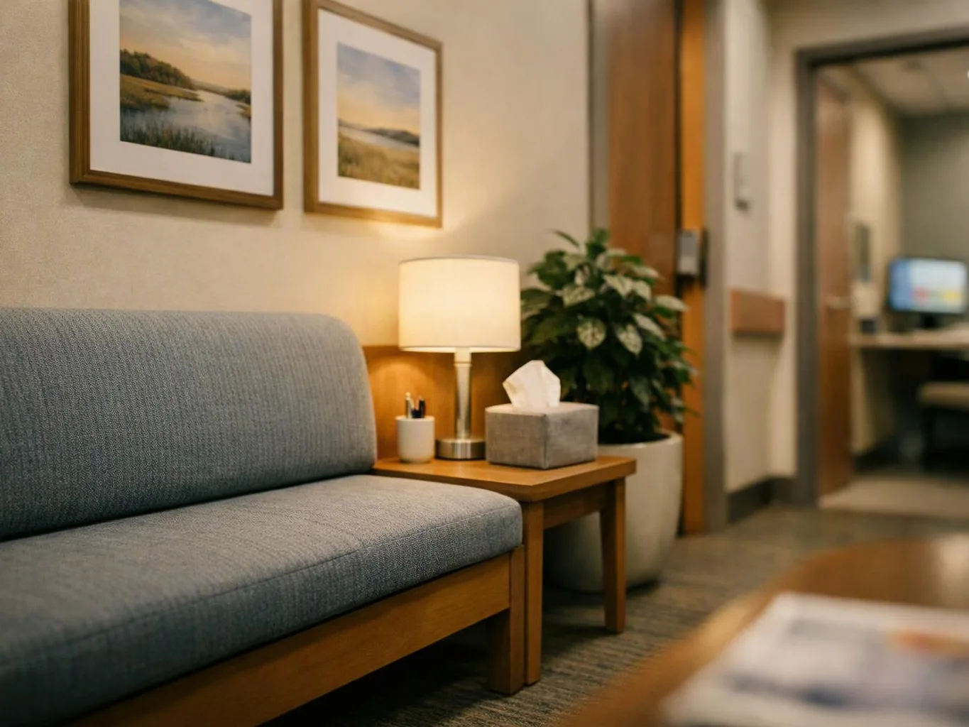 A quiet waiting room shows a gray sofa, lit side table, potted plant, and framed landscape prints