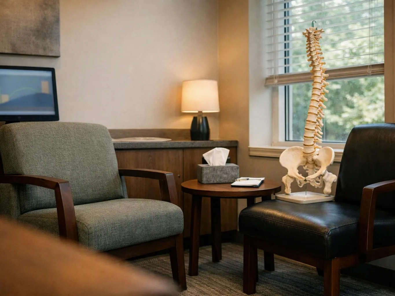 A quiet waiting room with two chairs, a small table, a lamp, and a spine model by the window