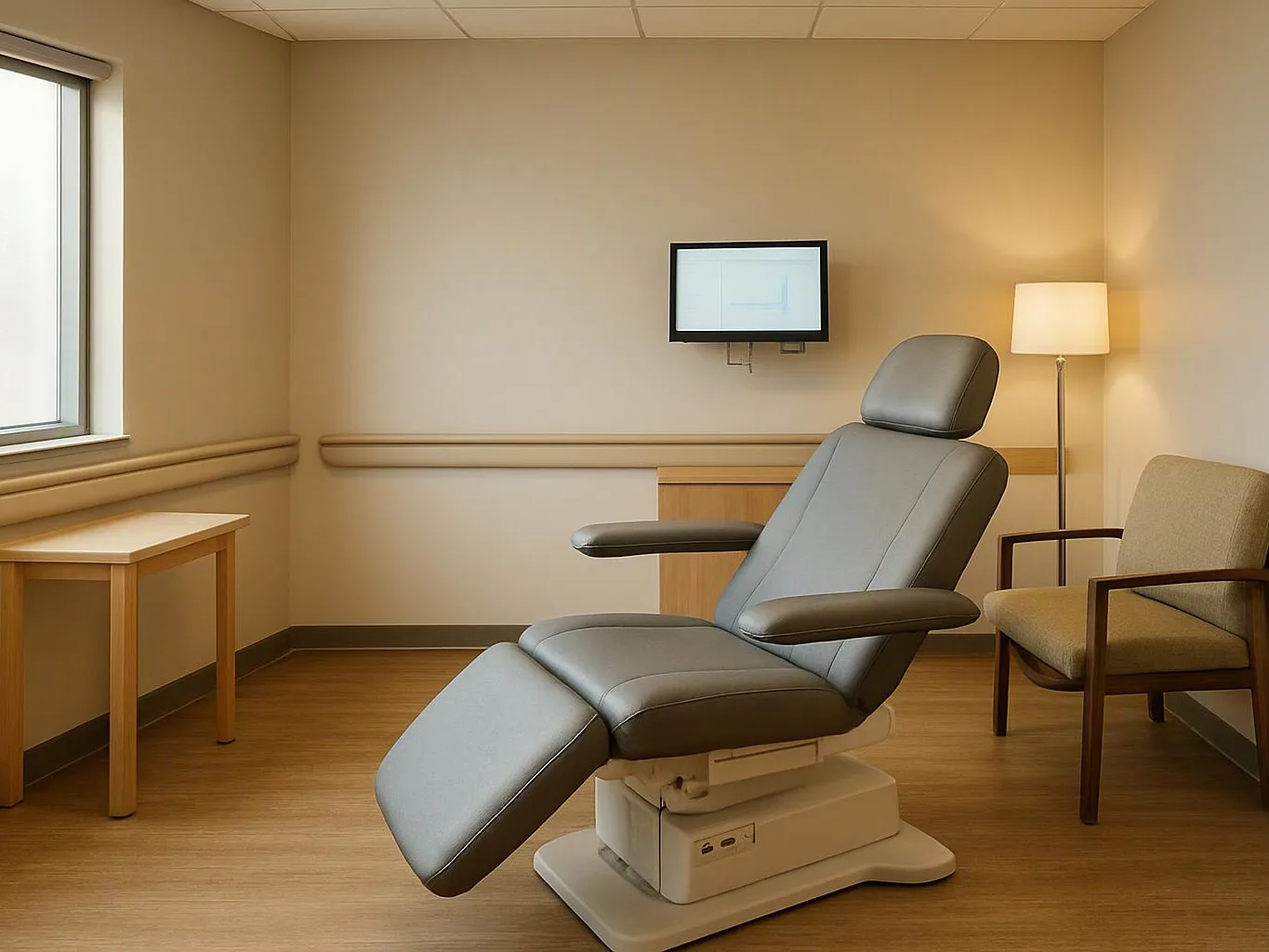 A reclined gray medical chair sits in a quiet exam room with a side table, chair, lamp, and wall screen