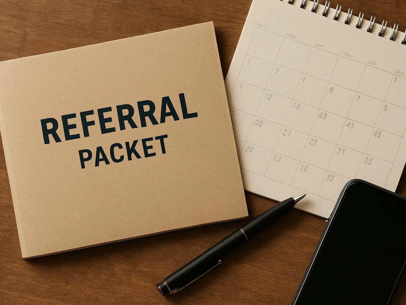 A referral packet sits beside a calendar notebook, pen, and smartphone on a wooden desk