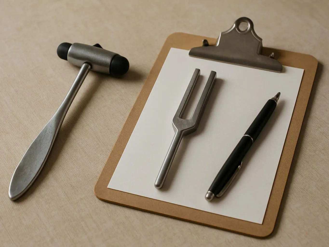 A reflex hammer, tuning fork, and pen rest on a clipboard with a blank sheet on a beige surface