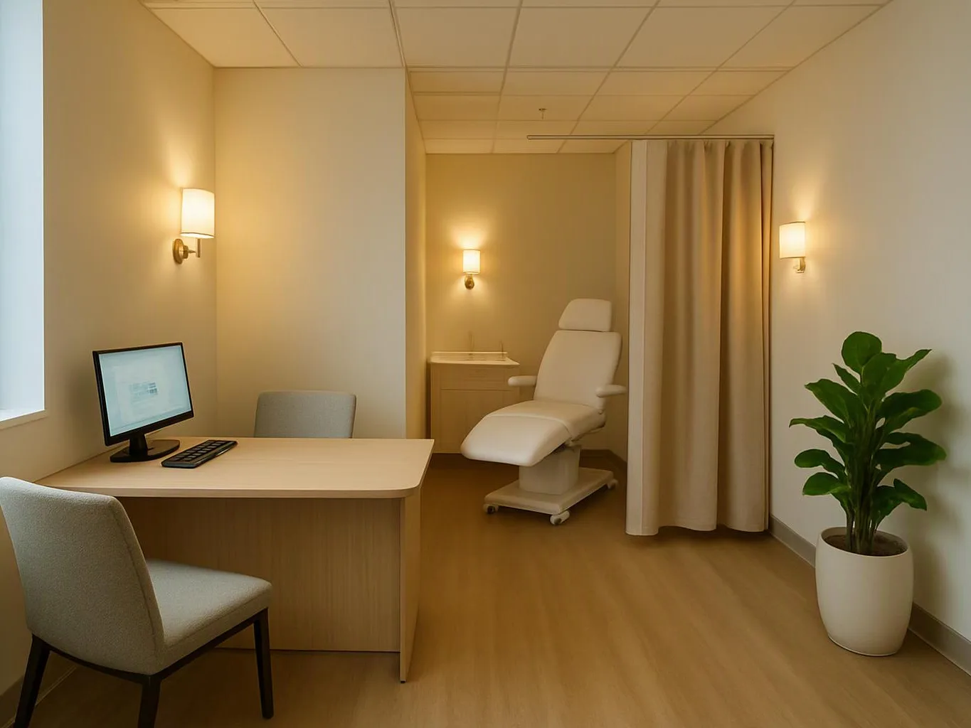 A small clinic room shows a desk with a monitor, an exam chair, curtains, wall lights, and a potted plant