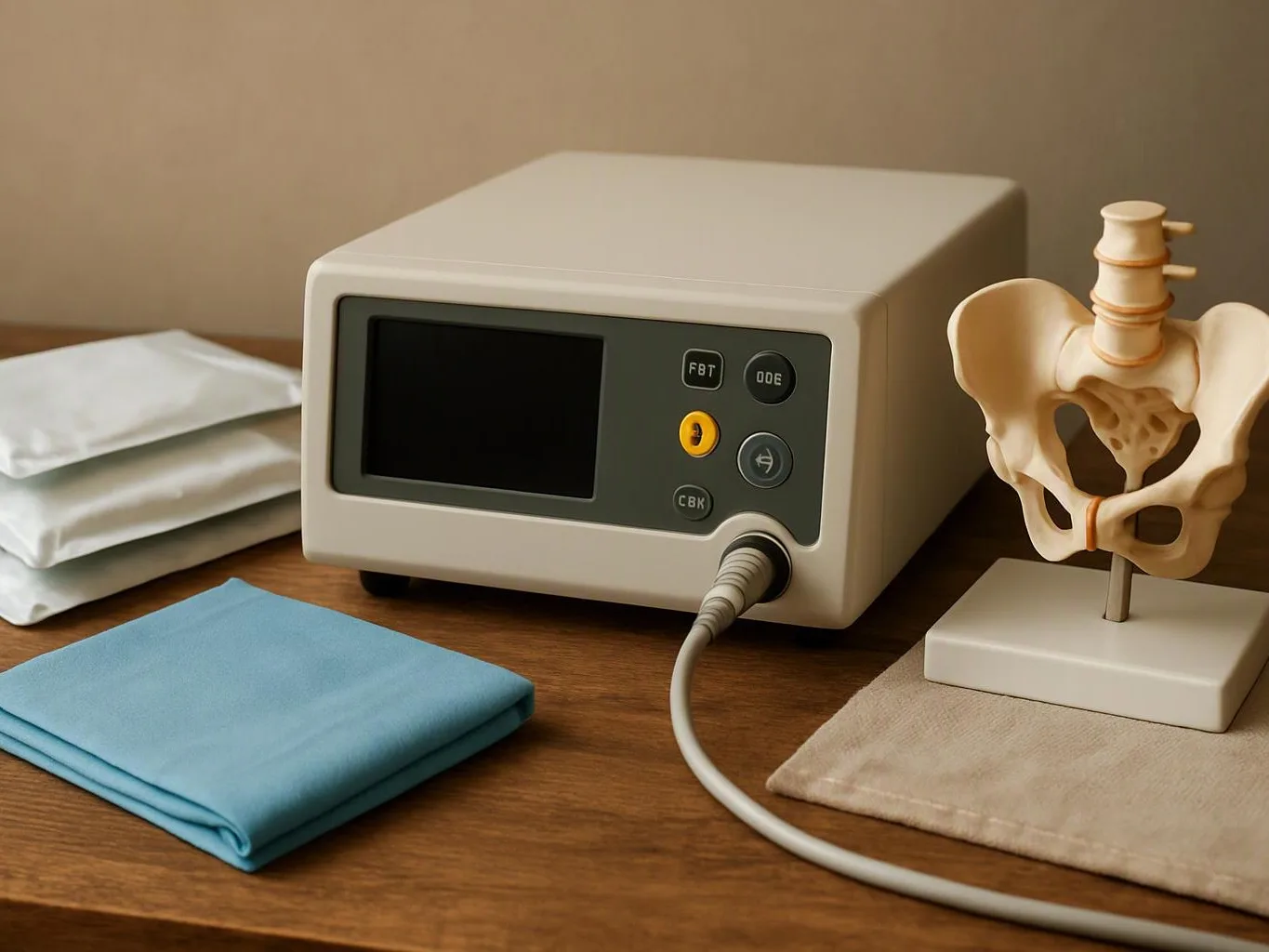 A small medical device sits on a wooden table beside folded cloths and a pelvis model