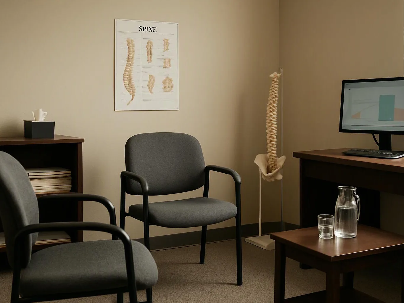 A small medical office shows two chairs, a spine poster, a computer monitor, and a model spine on a stand