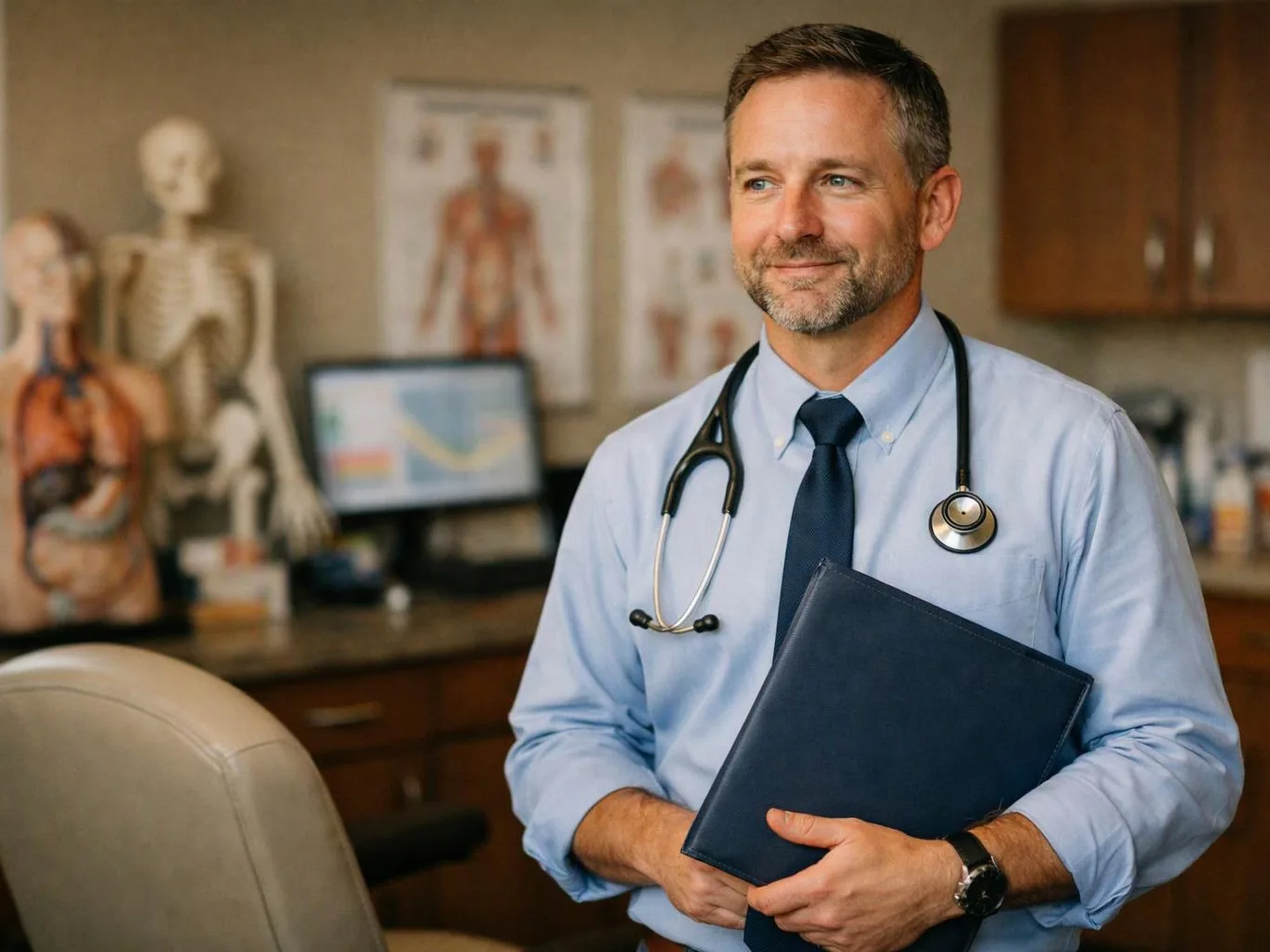 Smiling doctor in a clinic office holds a blue folder, with a stethoscope around his neck