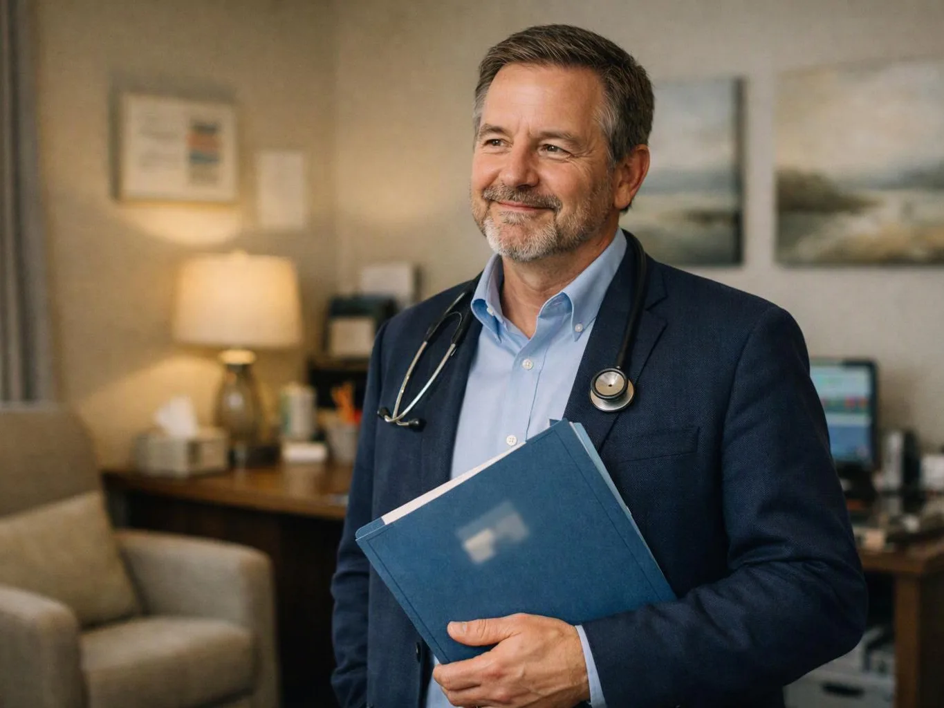 A smiling doctor holds a blue folder in a softly lit office, with a stethoscope around his neck