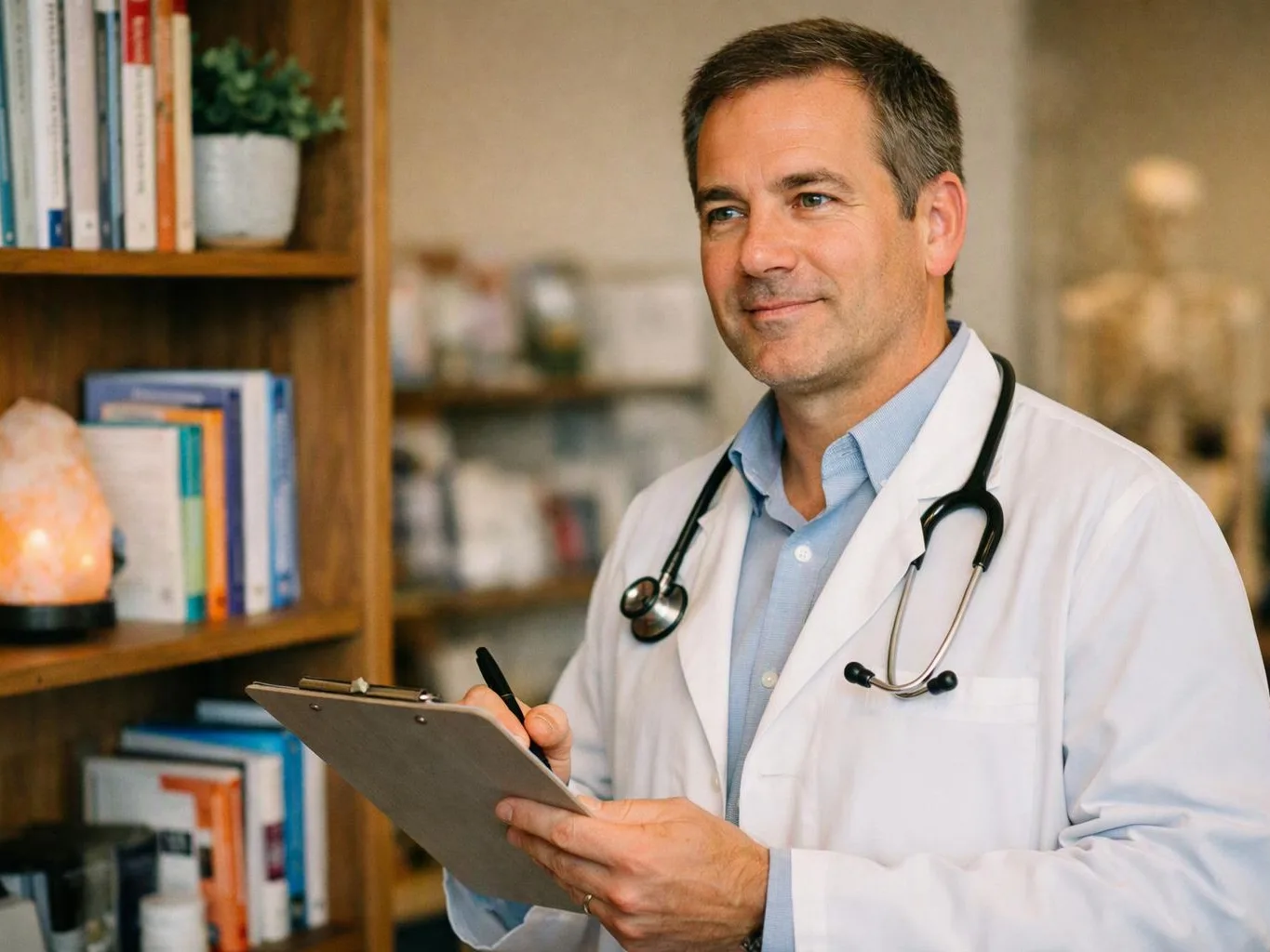 A smiling doctor in a white coat holds a clipboard beside bookshelves in a clinic office