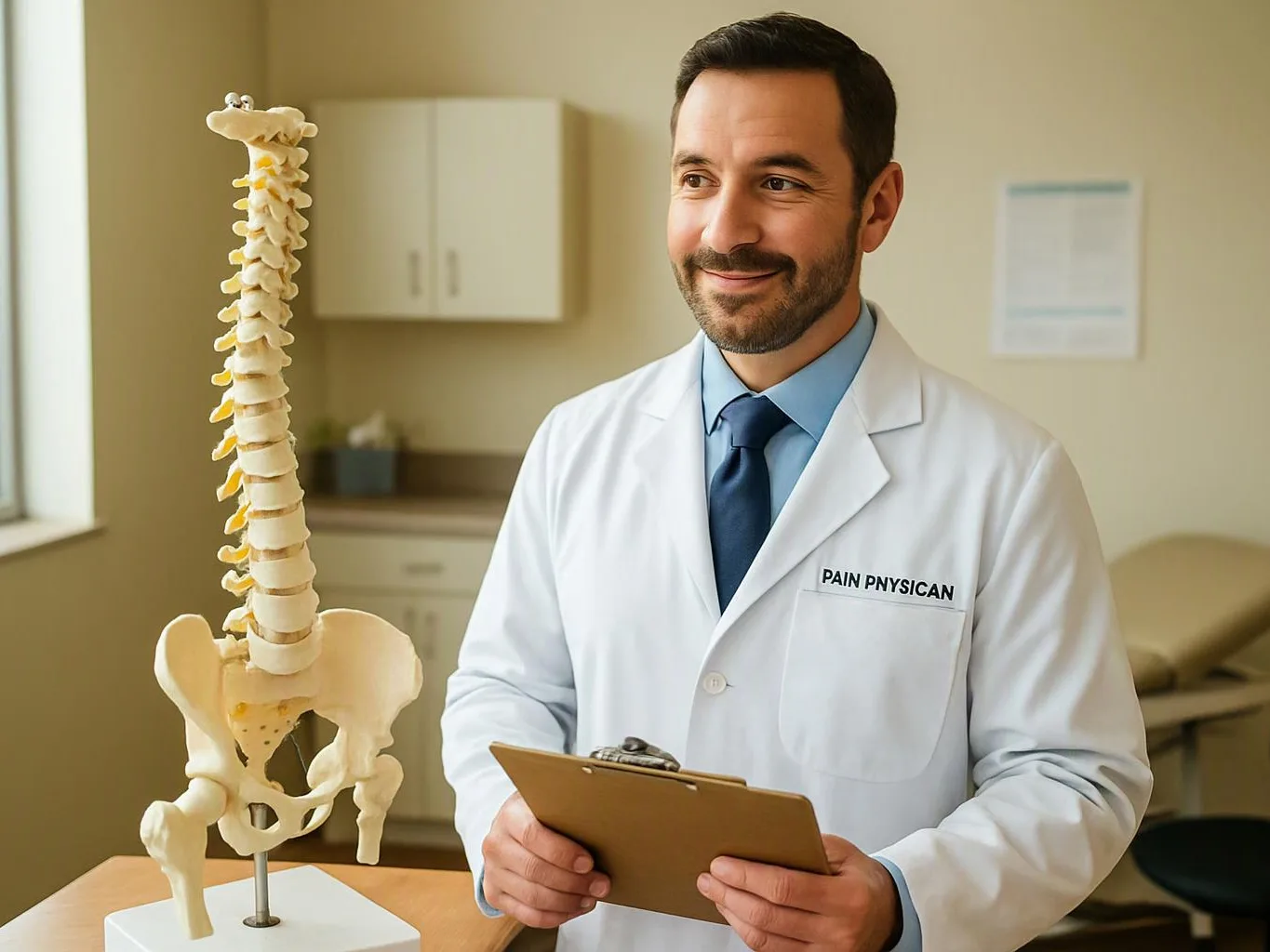 A smiling doctor in a white coat holds a clipboard beside a spine model in an exam room