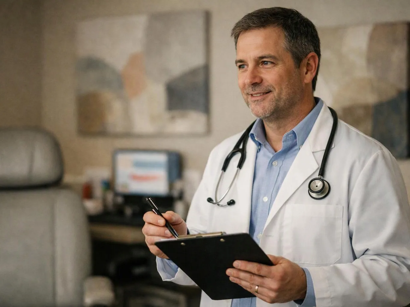 A smiling doctor in a white coat holds a clipboard and pen in an exam room