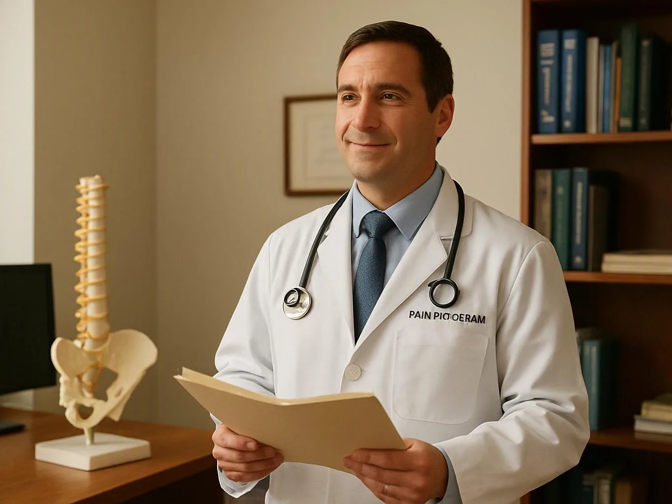 A smiling doctor in a white coat holds a folder beside a spine model in a tidy office