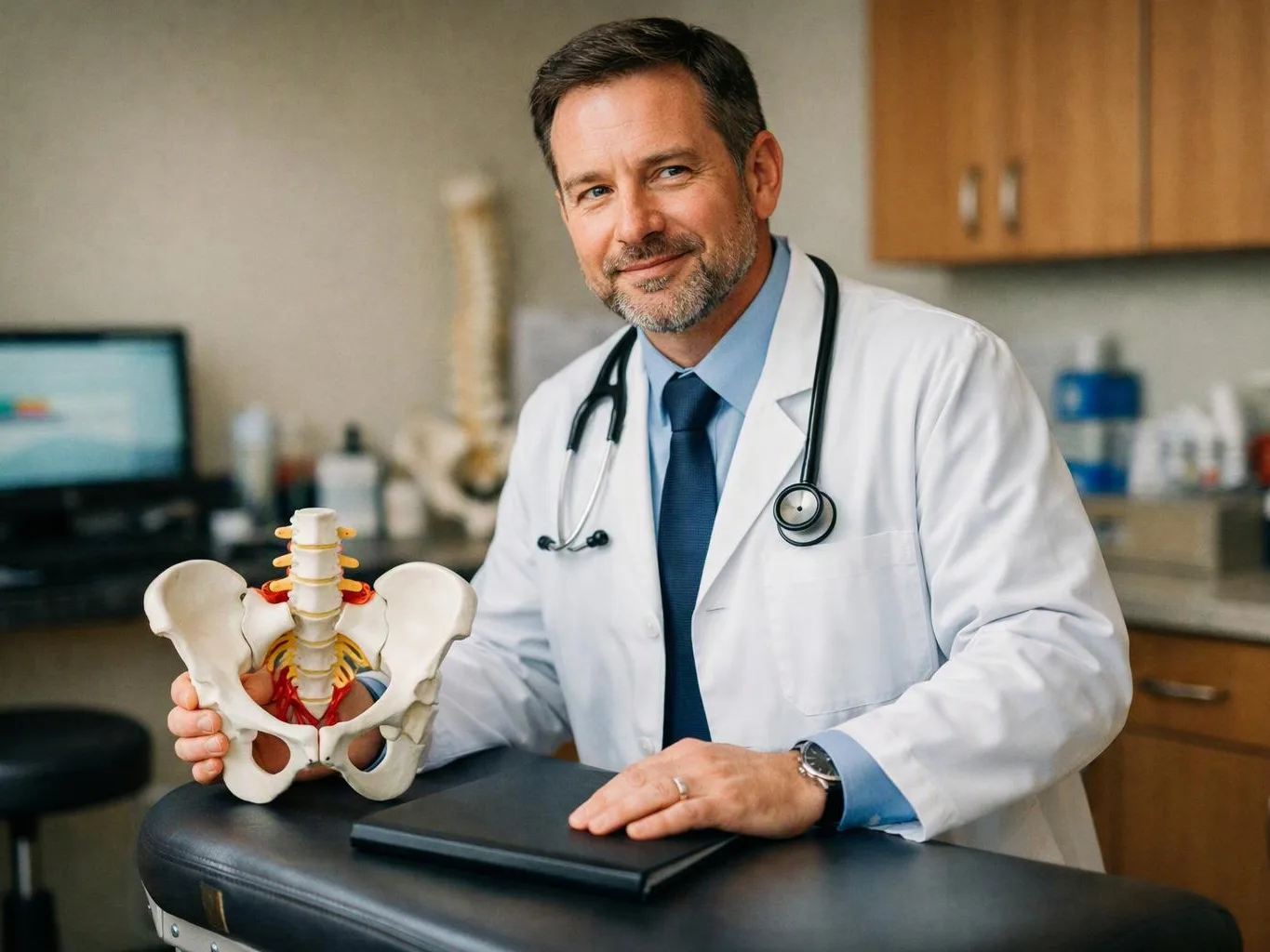A smiling doctor in a white coat holds a pelvis model beside an exam table in a clinic