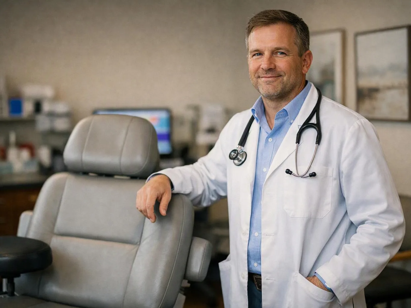 A smiling doctor in a white coat stands beside an empty exam chair in a clinic office