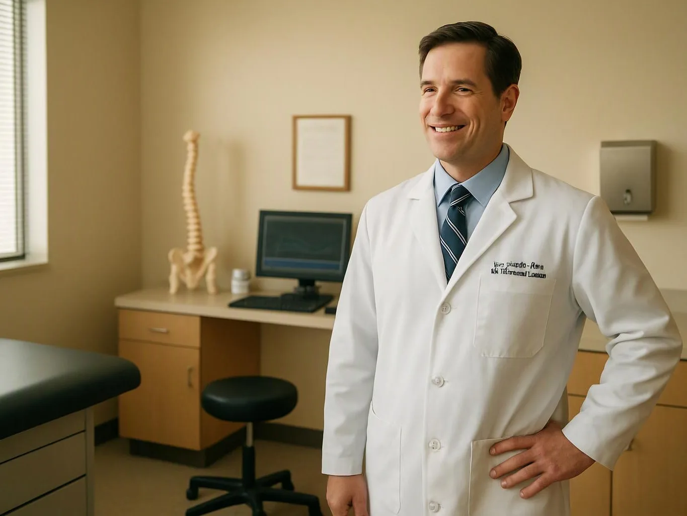 A smiling doctor in a white coat stands in an exam room beside a desk, computer, and spine model