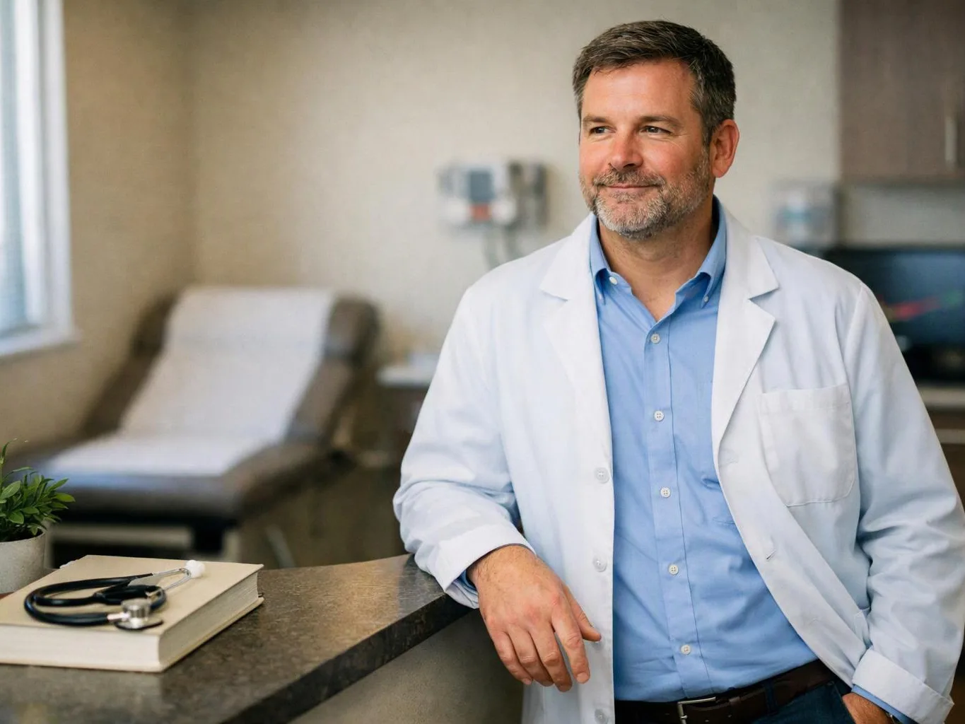 A smiling doctor in a white coat stands in a medical exam room beside a counter with a stethoscope and book