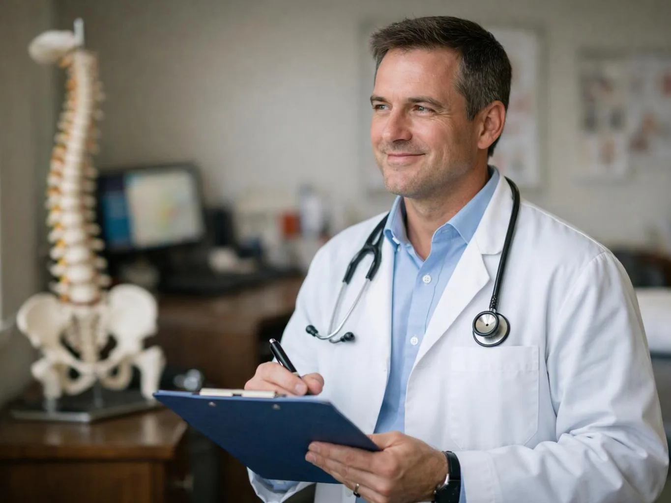 A smiling doctor in a white coat writes on a clipboard in an exam room with a spine model visible
