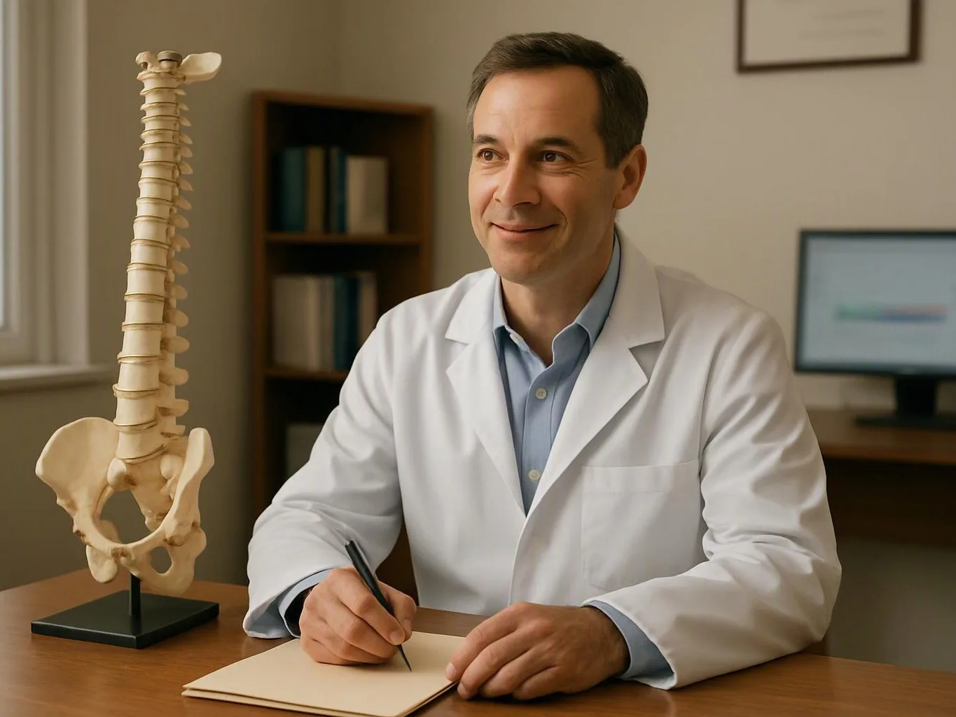 A smiling doctor in a white coat writes on paper beside a spine model in an office