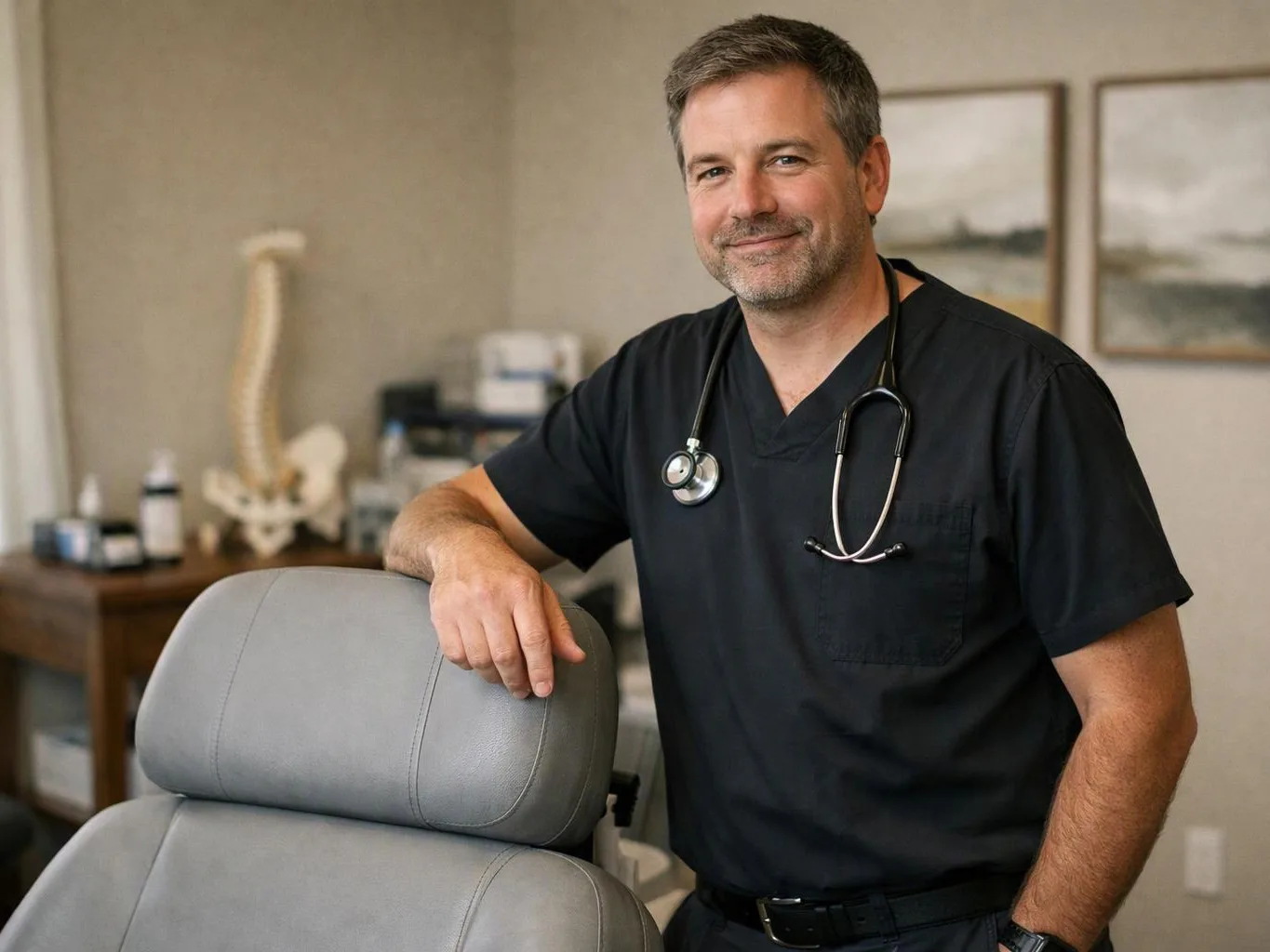 A smiling man in black scrubs stands beside a gray exam chair in a medical office room