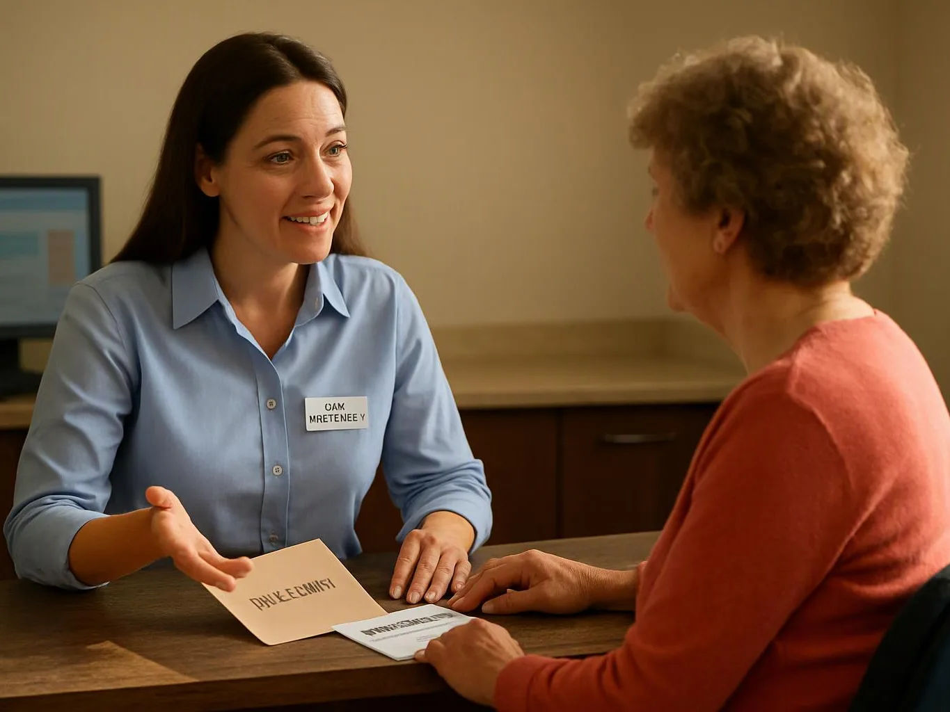 A smiling woman in a blue shirt hands paperwork to an older woman across a table in an office