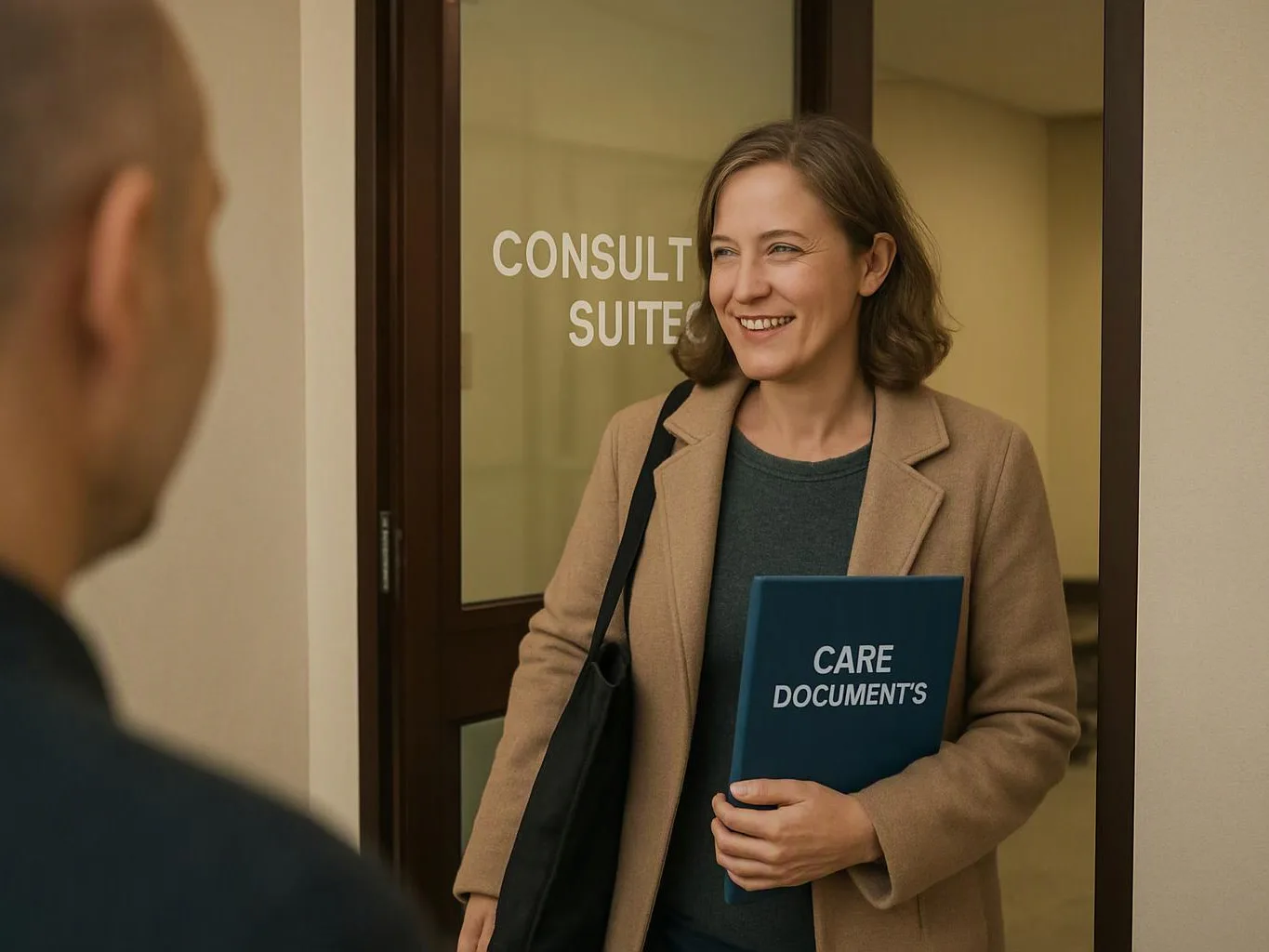 A smiling woman holds a folder outside a glass door labeled “CONSULT SUITE,” while a man stands blurred in the foreground