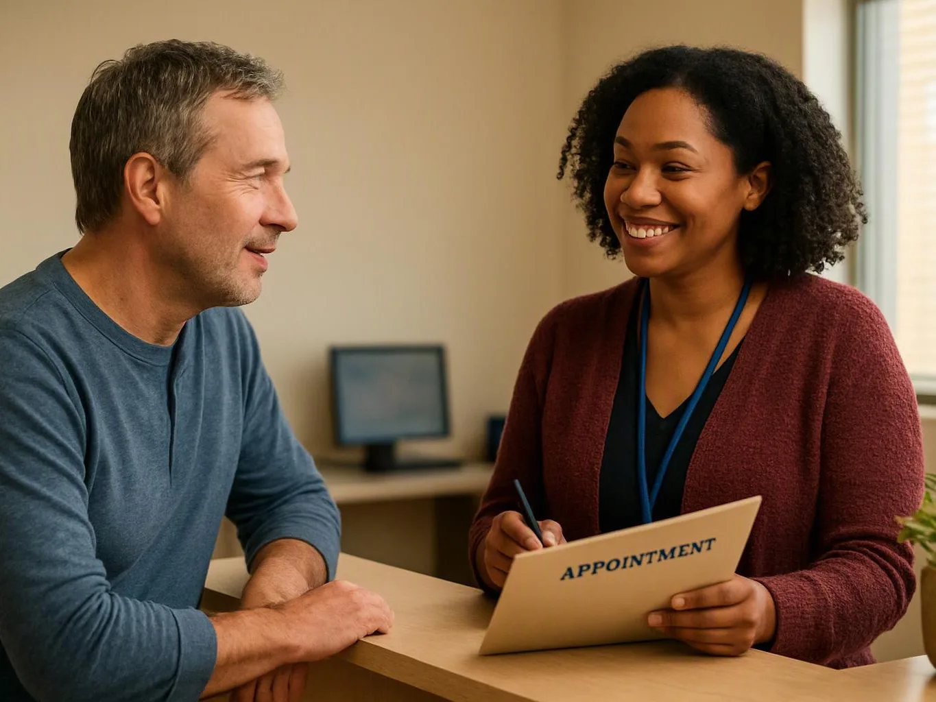 A smiling woman writes on an appointment folder while talking with a man across a desk in an office