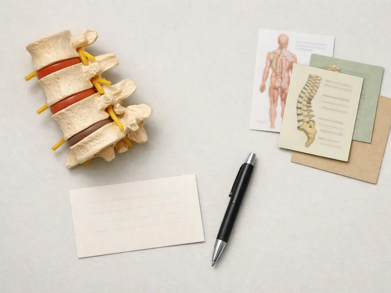 A spinal model, blank note card, black pen, and anatomy cards sit on a light desk