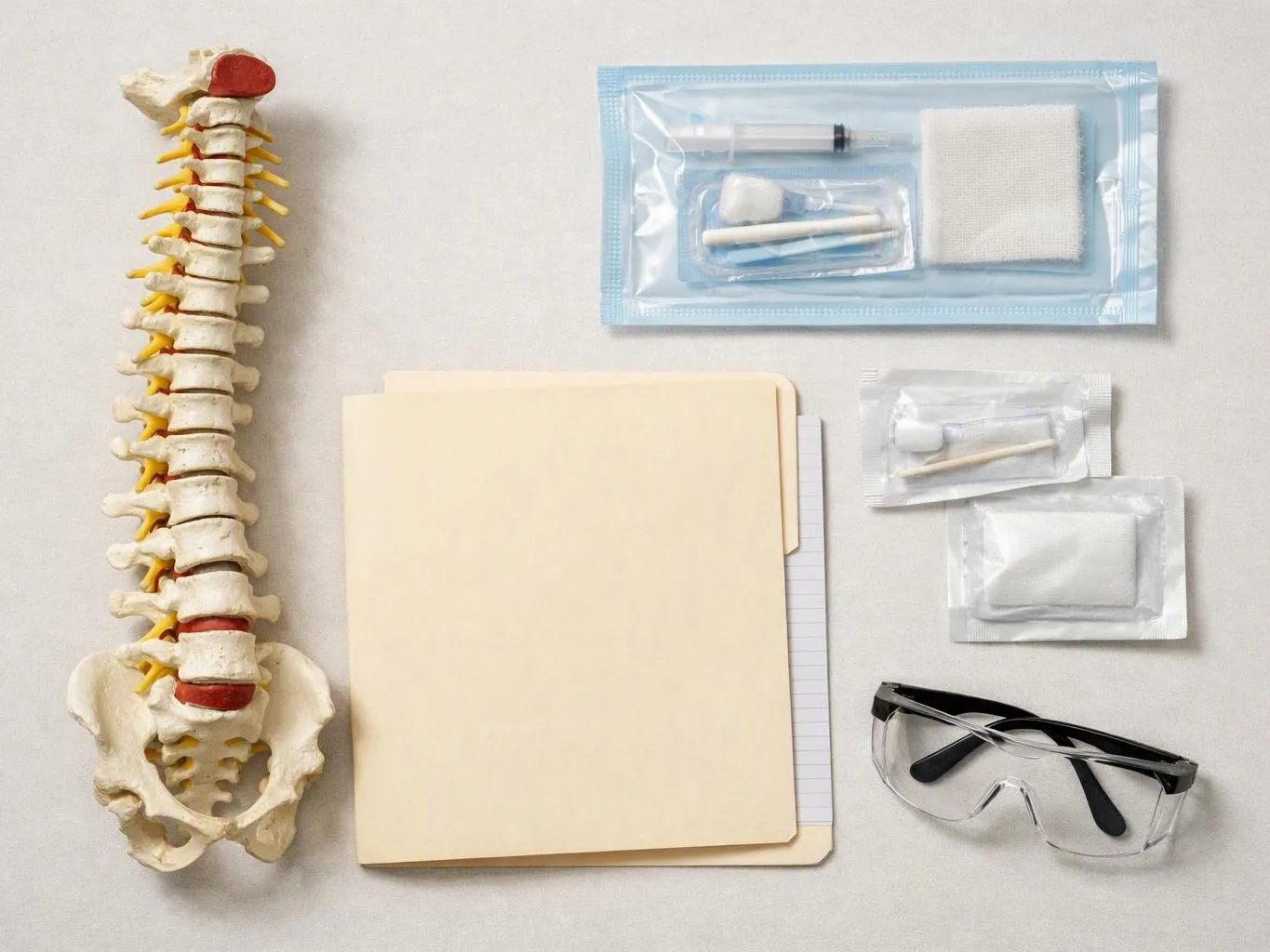 A spine model, blank folders, medical swabs, gauze, and safety glasses sit on a white surface