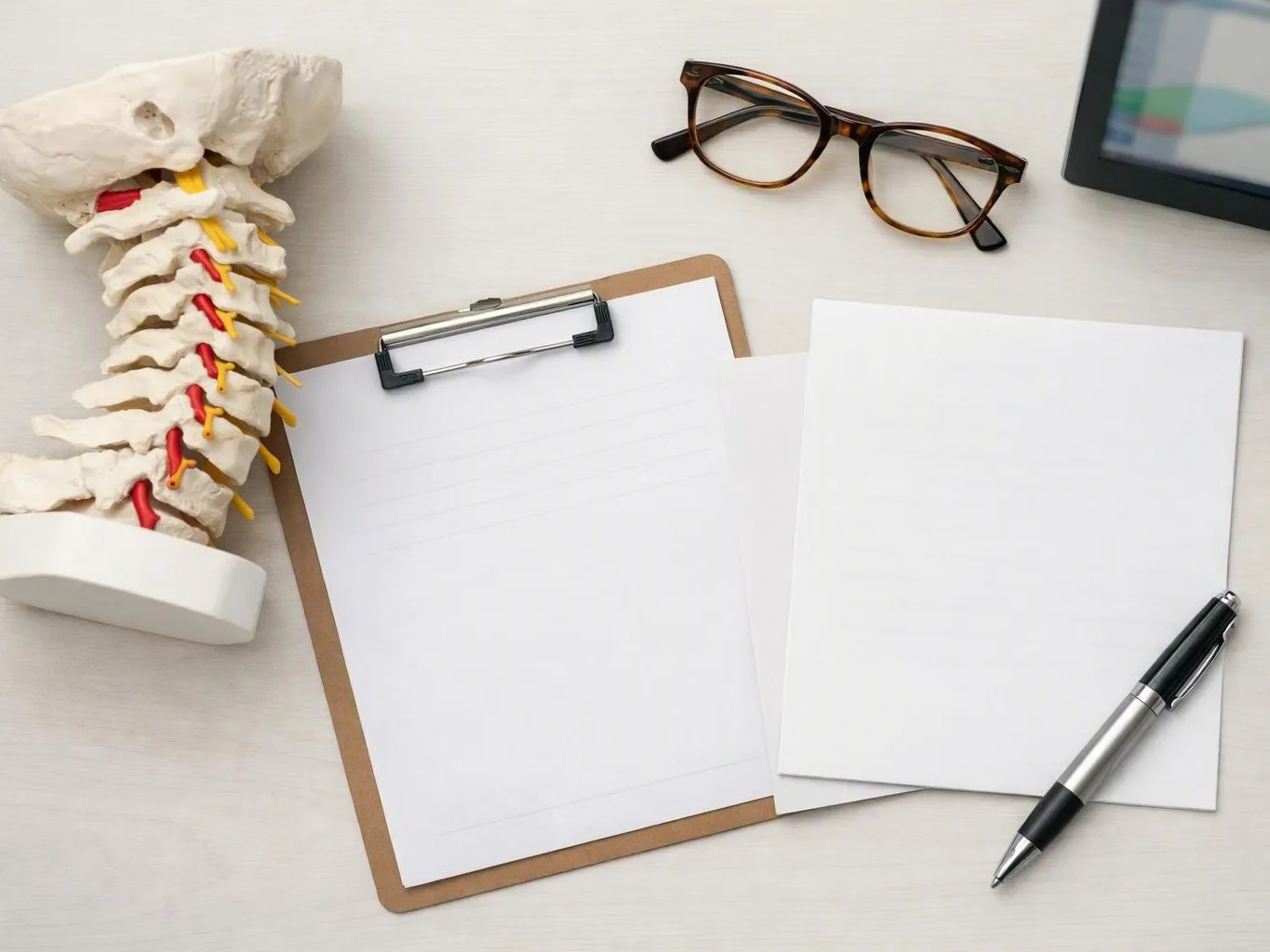 A spine model, clipboard papers, eyeglasses, and a pen sit on a clean desk