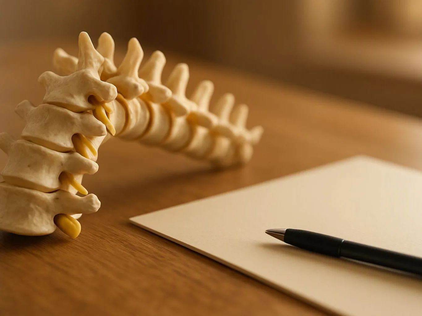 A spine model with exposed yellow discs sits beside a blank paper and pen on a wooden desk