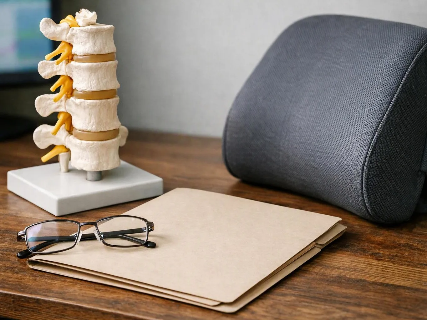 A spine model, eyeglasses, folder, and dark cushion sit on a wooden desk
