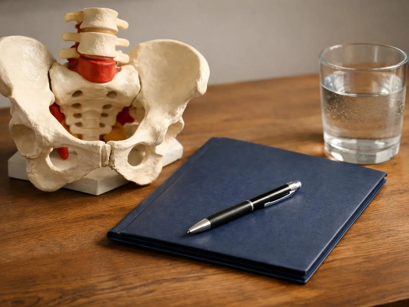 A spine model, notebook, pen, and glass of water sit on a wooden table