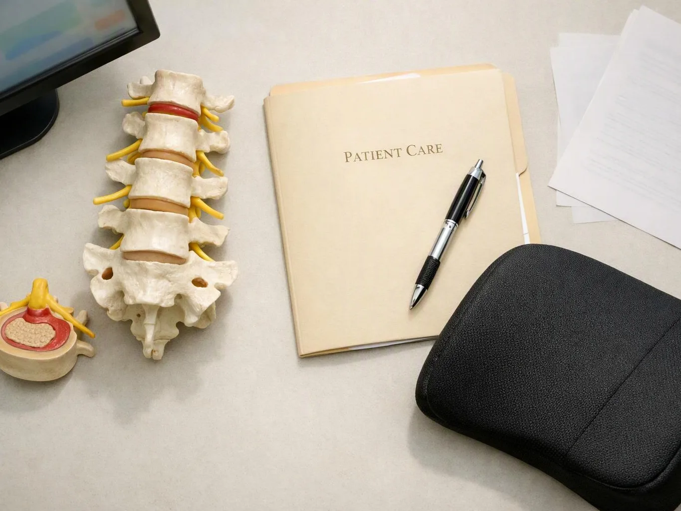A spine model, a patient care folder, and a pen sit on a clean desk beside papers and a black case
