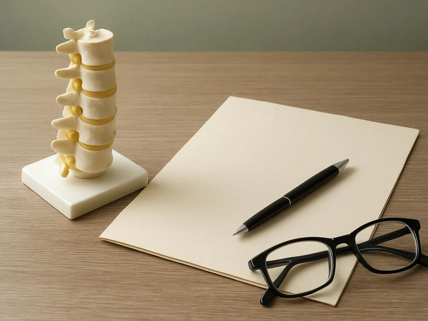 A spine model, pen, blank paper, and black glasses sit on a wooden desk
