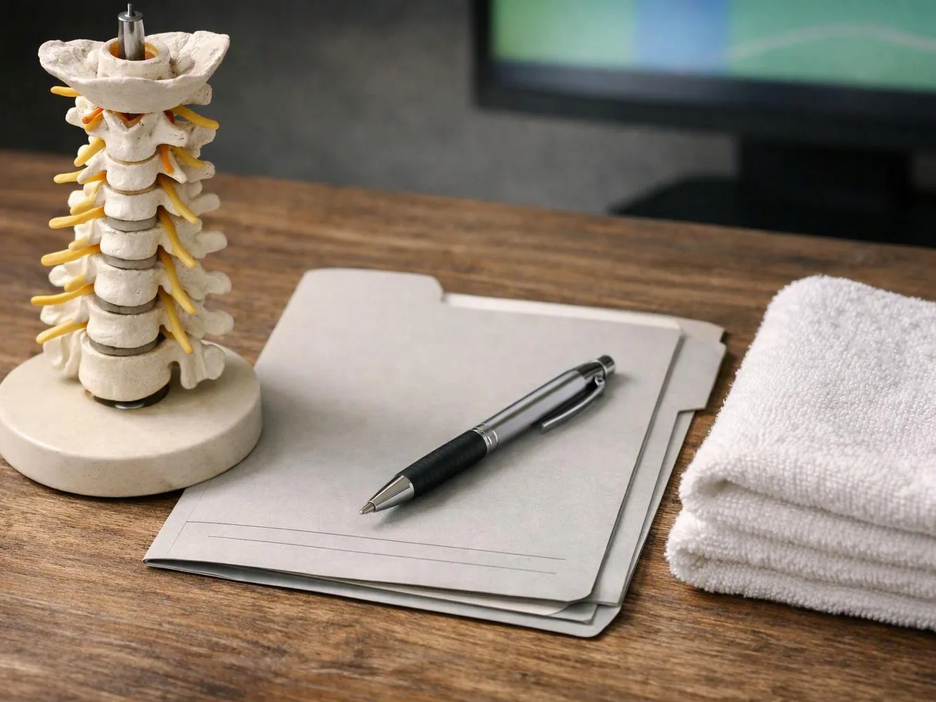 A spine model, pen, folder, and folded towel sit on a wooden desk
