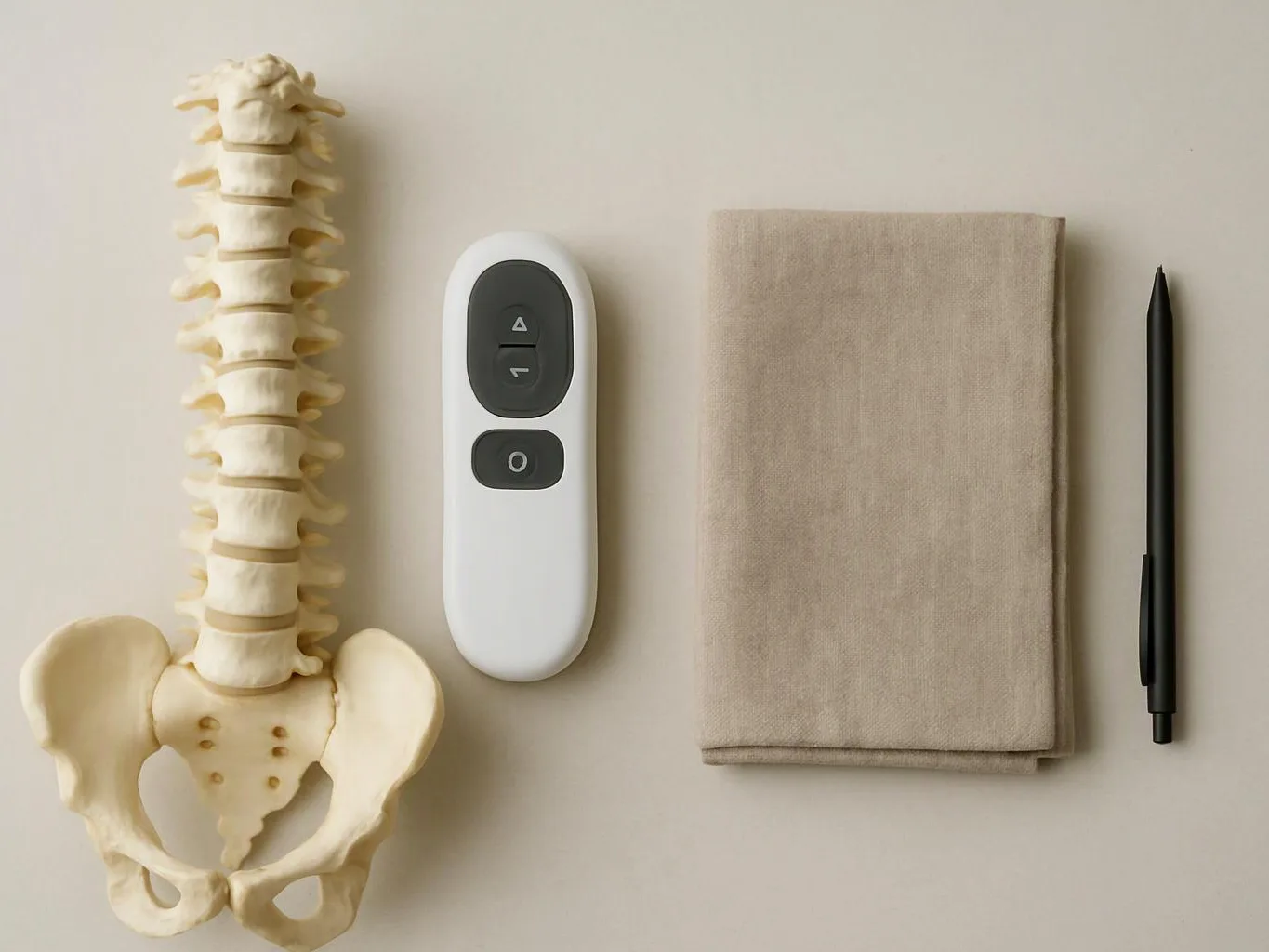 A spine model, remote control, folded beige cloth, and black pen lie neatly on a beige surface