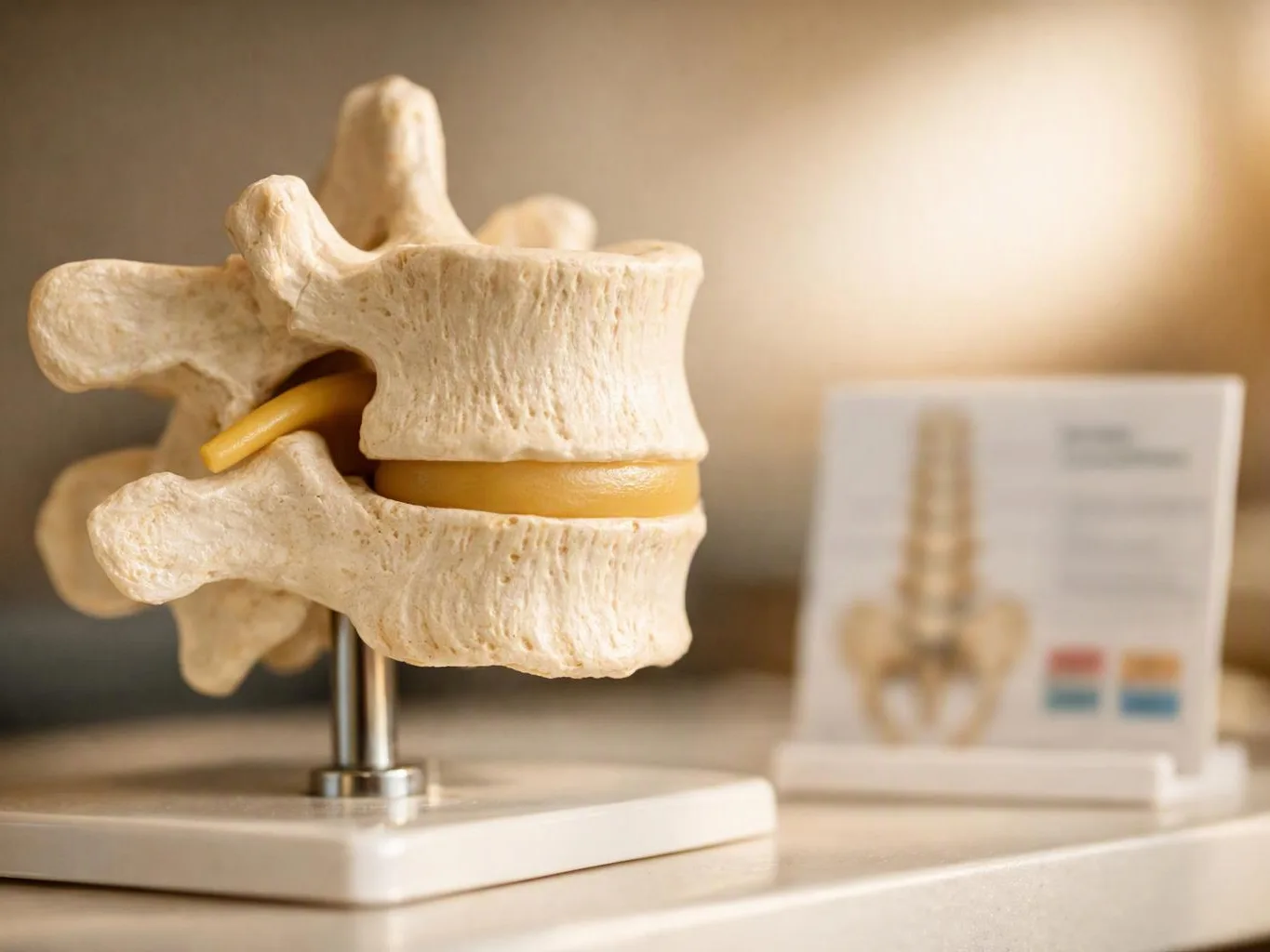 A spine model shows two vertebrae with a yellow disc on a display base, with a blurred chart behind it