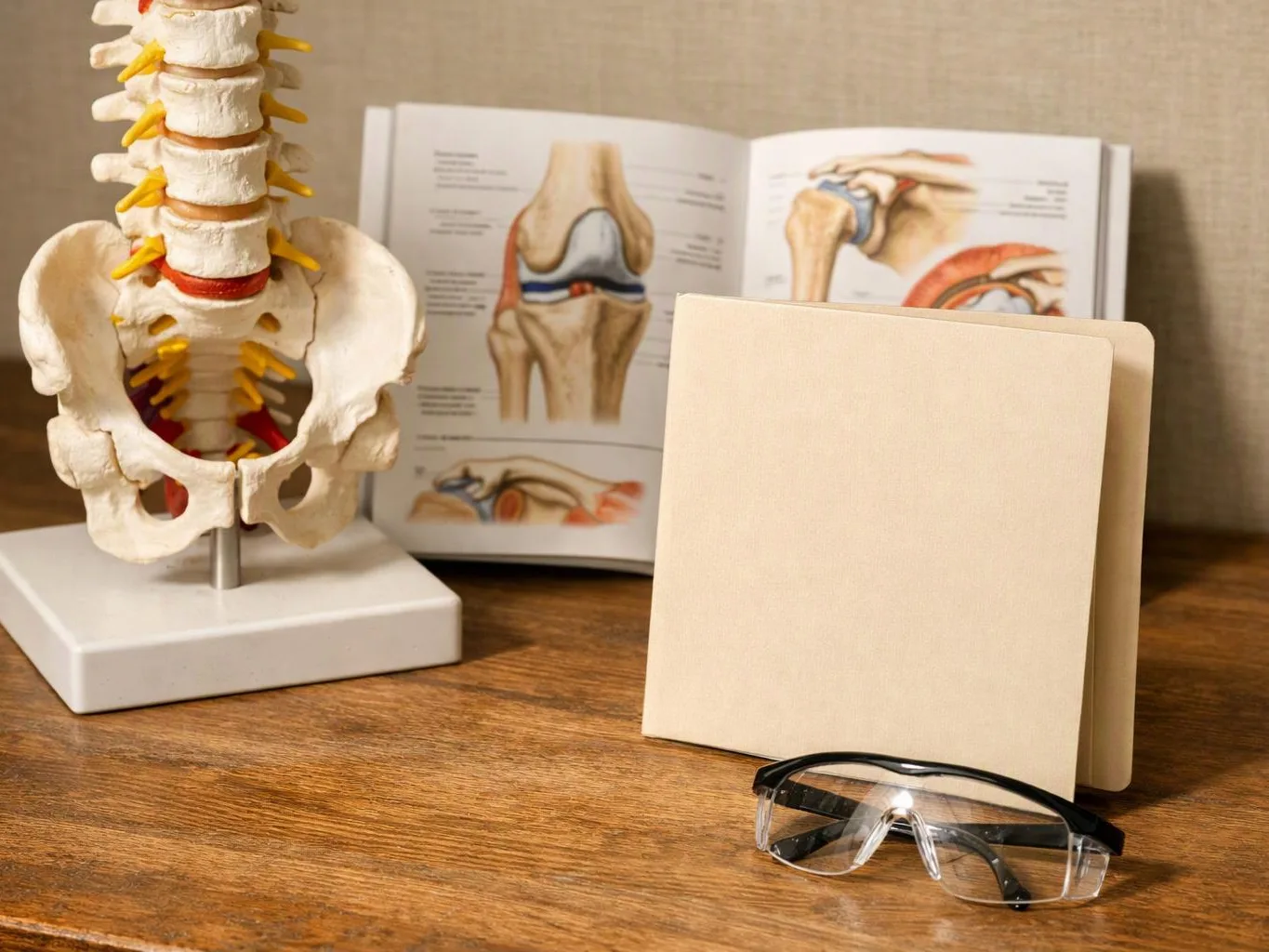 A spine model sits beside anatomy books, a blank notepad, and safety glasses on a wooden desk