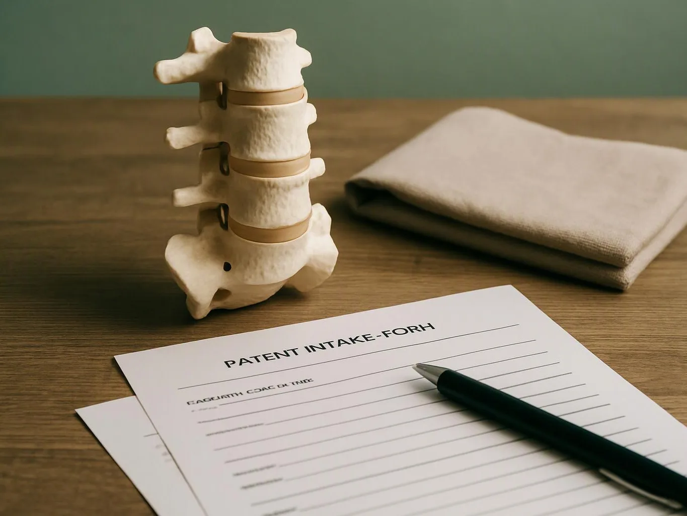 A spine model sits beside a folded cloth and a form labeled “PATENT INTAKE-FORH” with a pen on a desk