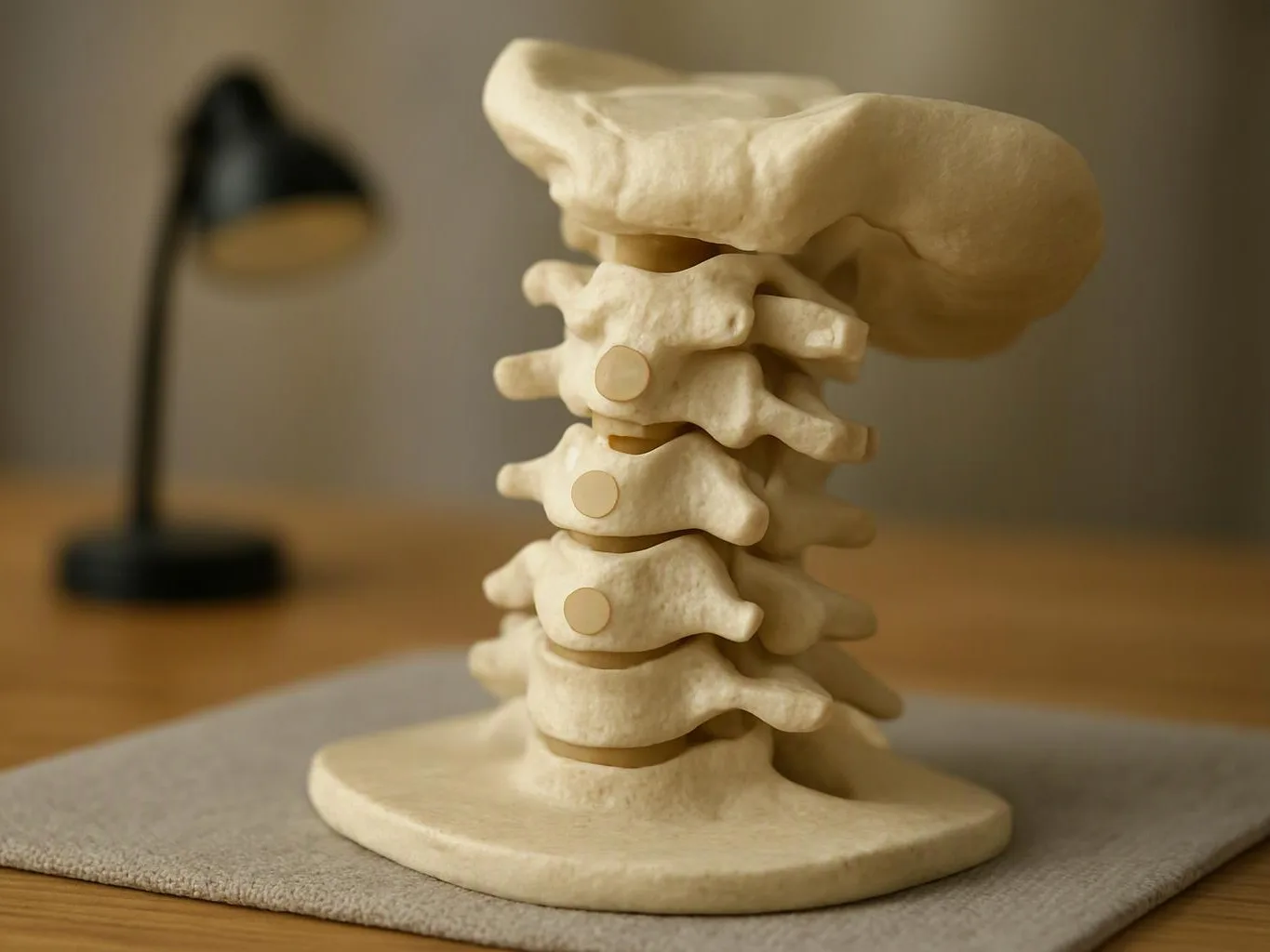 A spine model sits on a desk, with a blurred lamp in the background