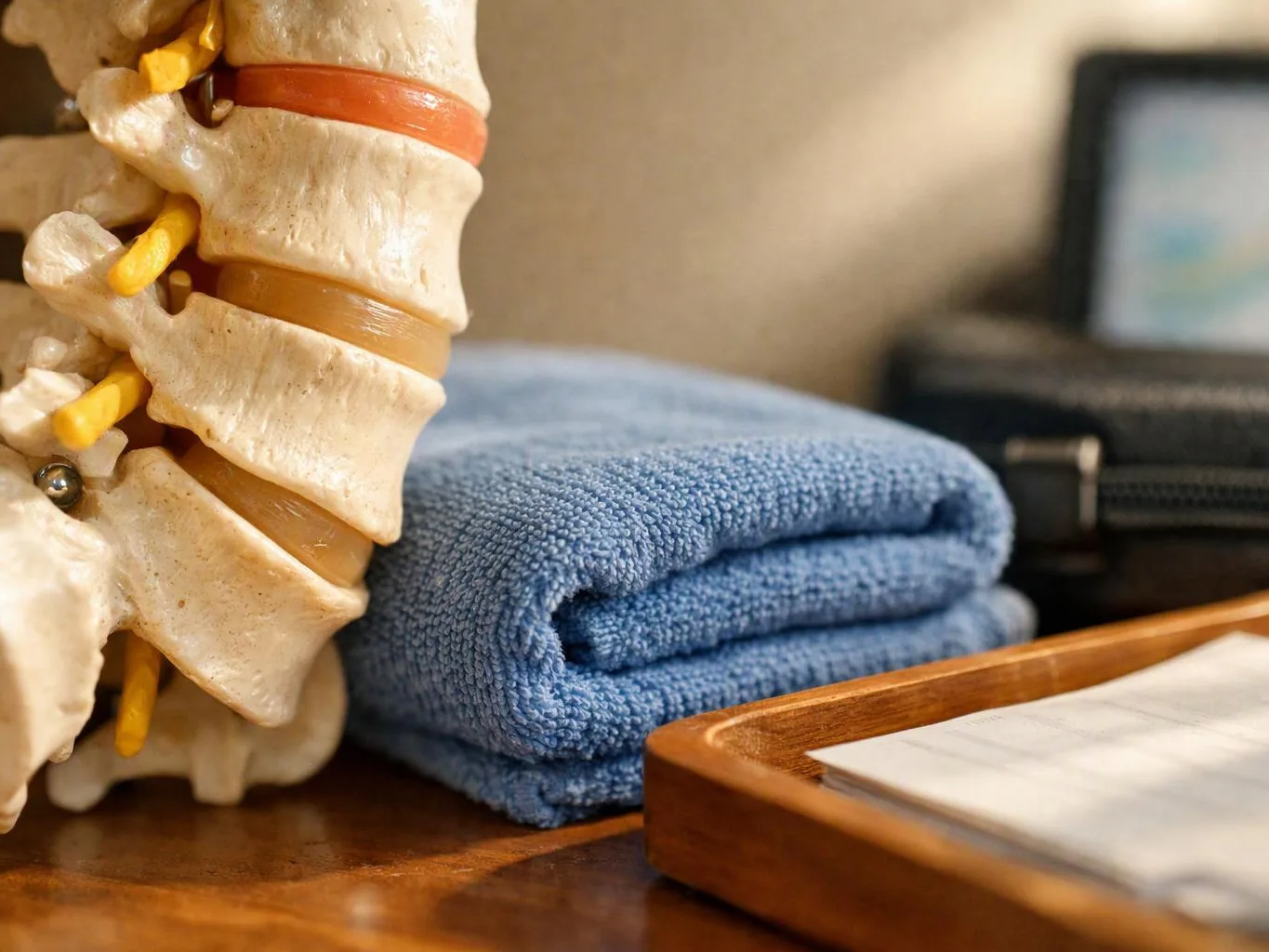 A spine model stands beside a folded blue towel, a wooden tray, and a blurred frame on a table