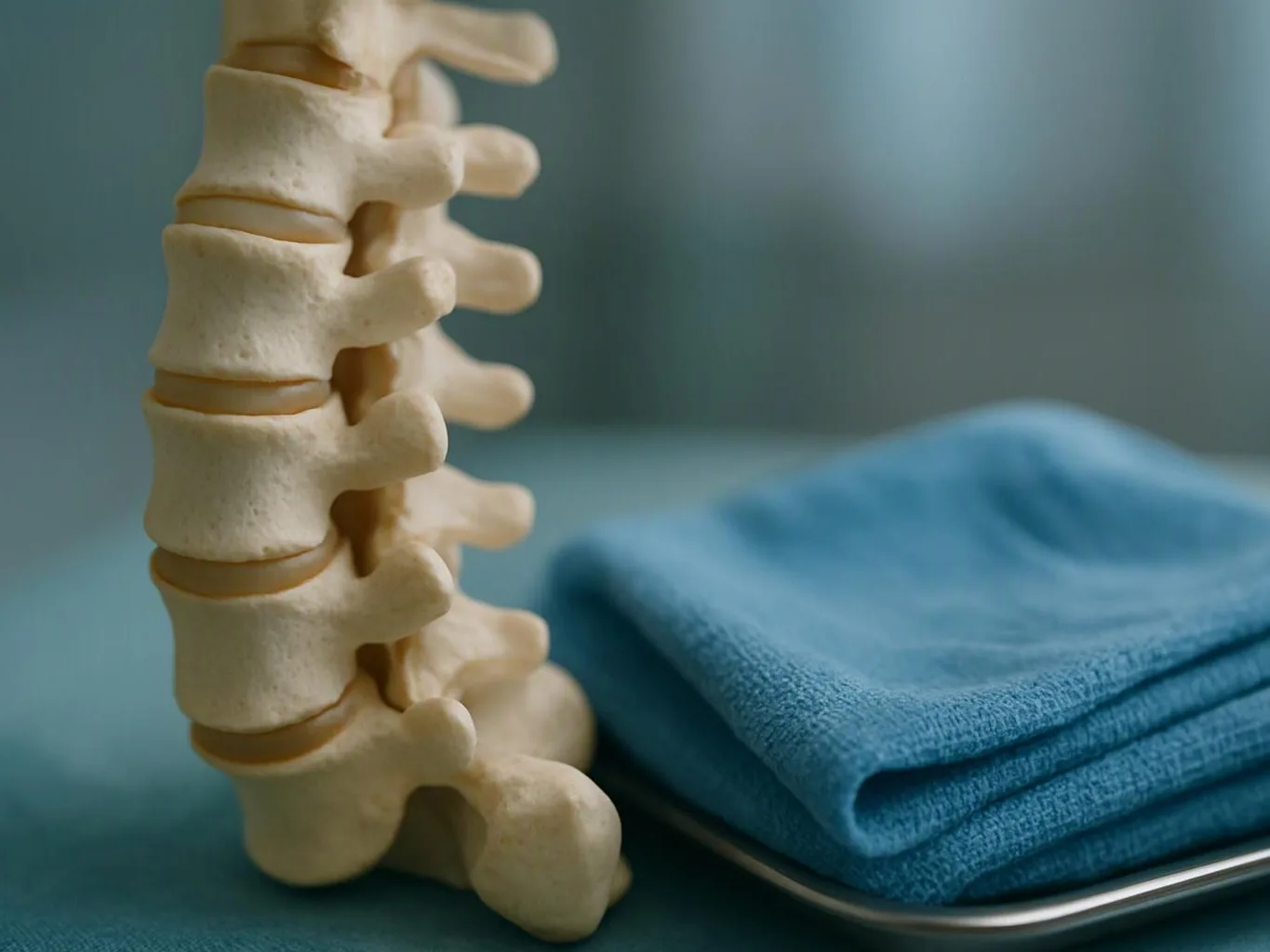 A spine model stands beside a folded blue towel on a metal tray against a soft blue background