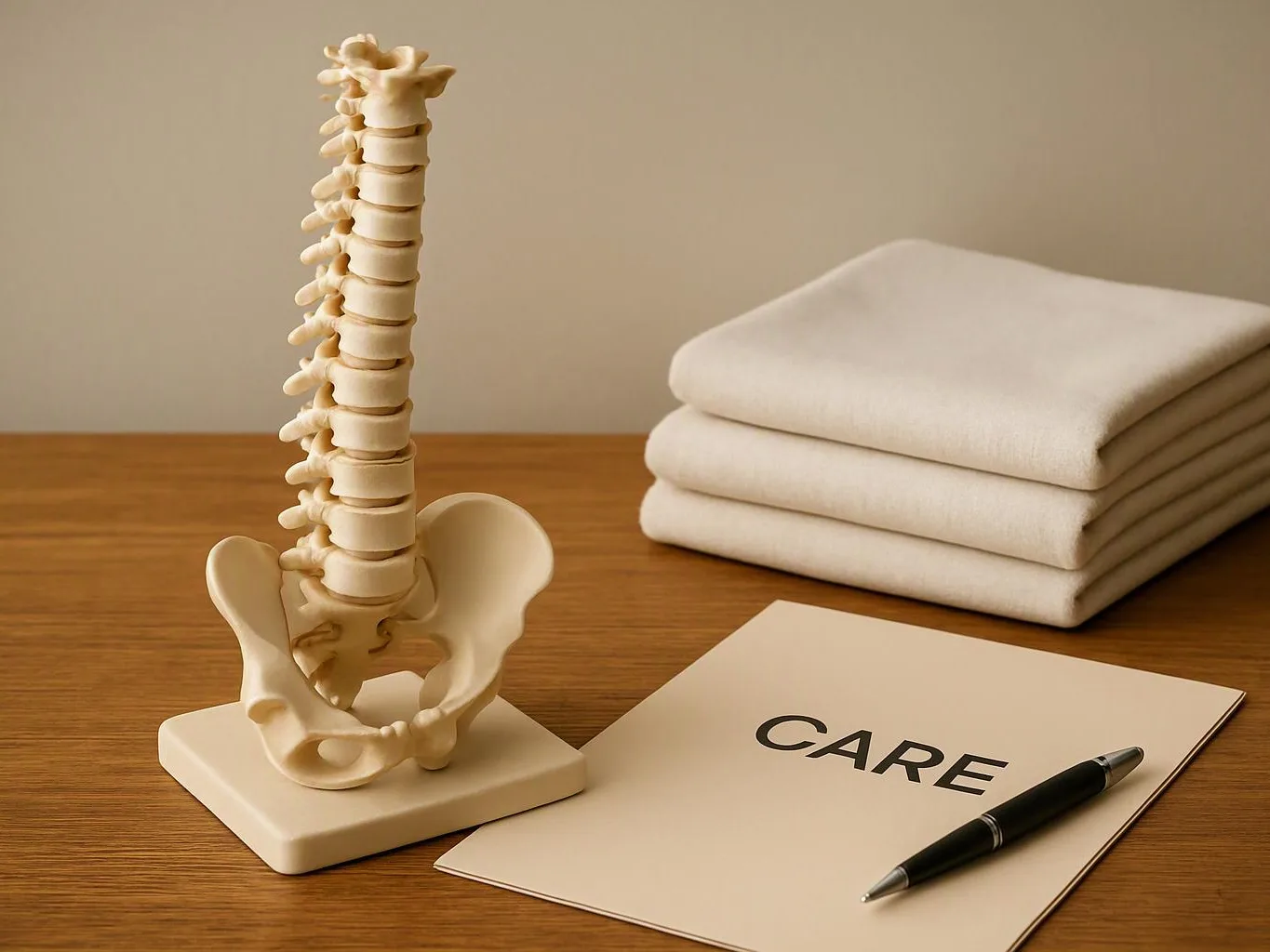 A spine model stands beside folded towels, a care booklet, and a pen on a wooden table