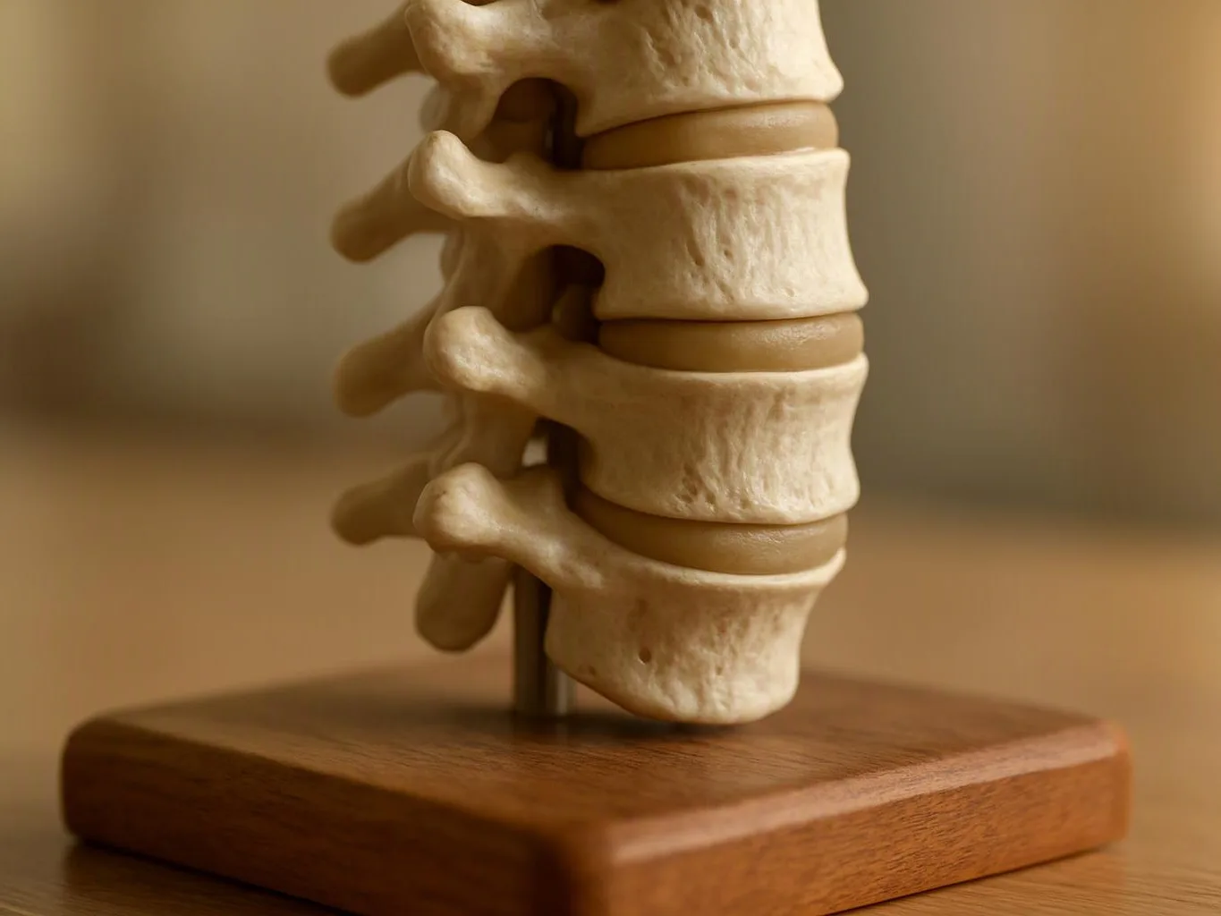 A spine model stands on a wooden base against a softly blurred beige background