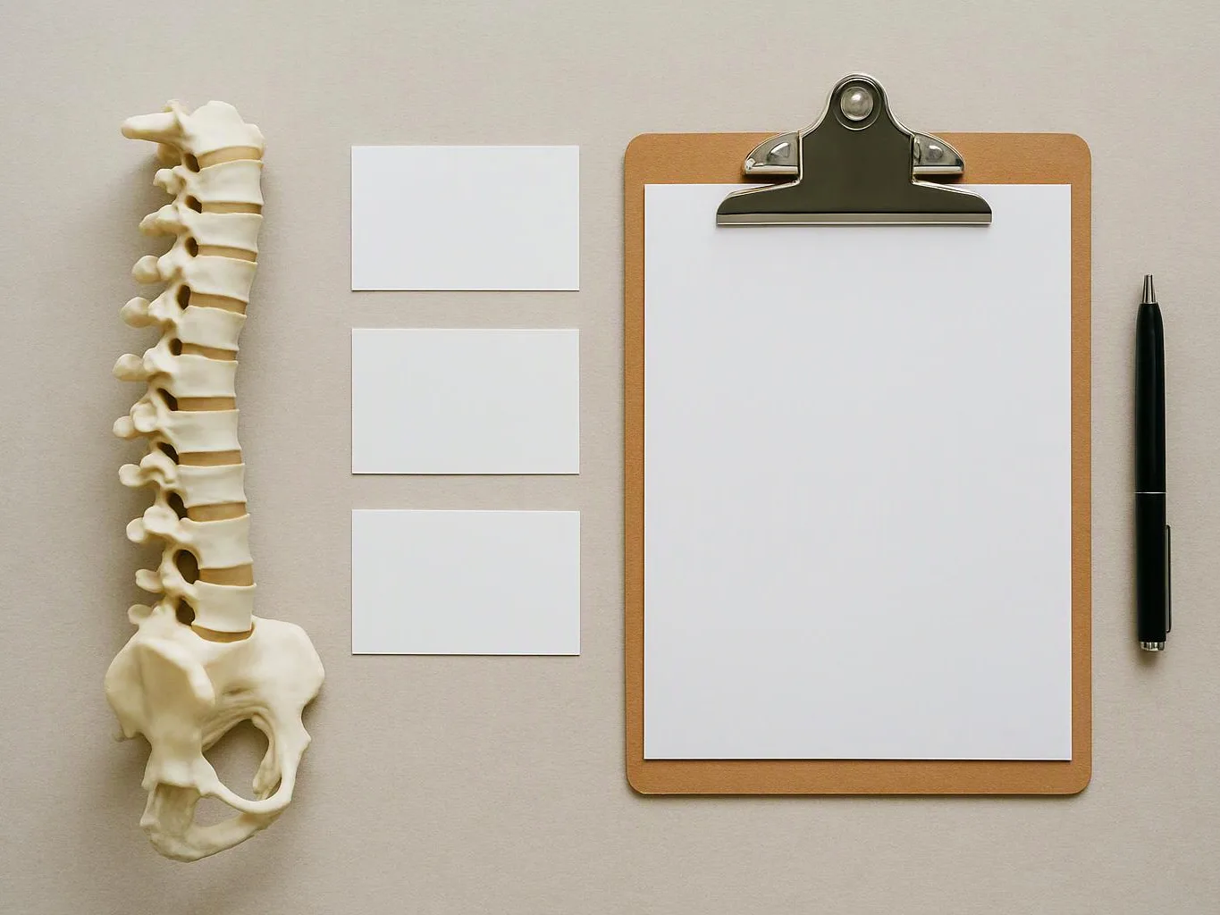 A spine model, three blank cards, a clipboard with paper, and a pen sit on a beige surface