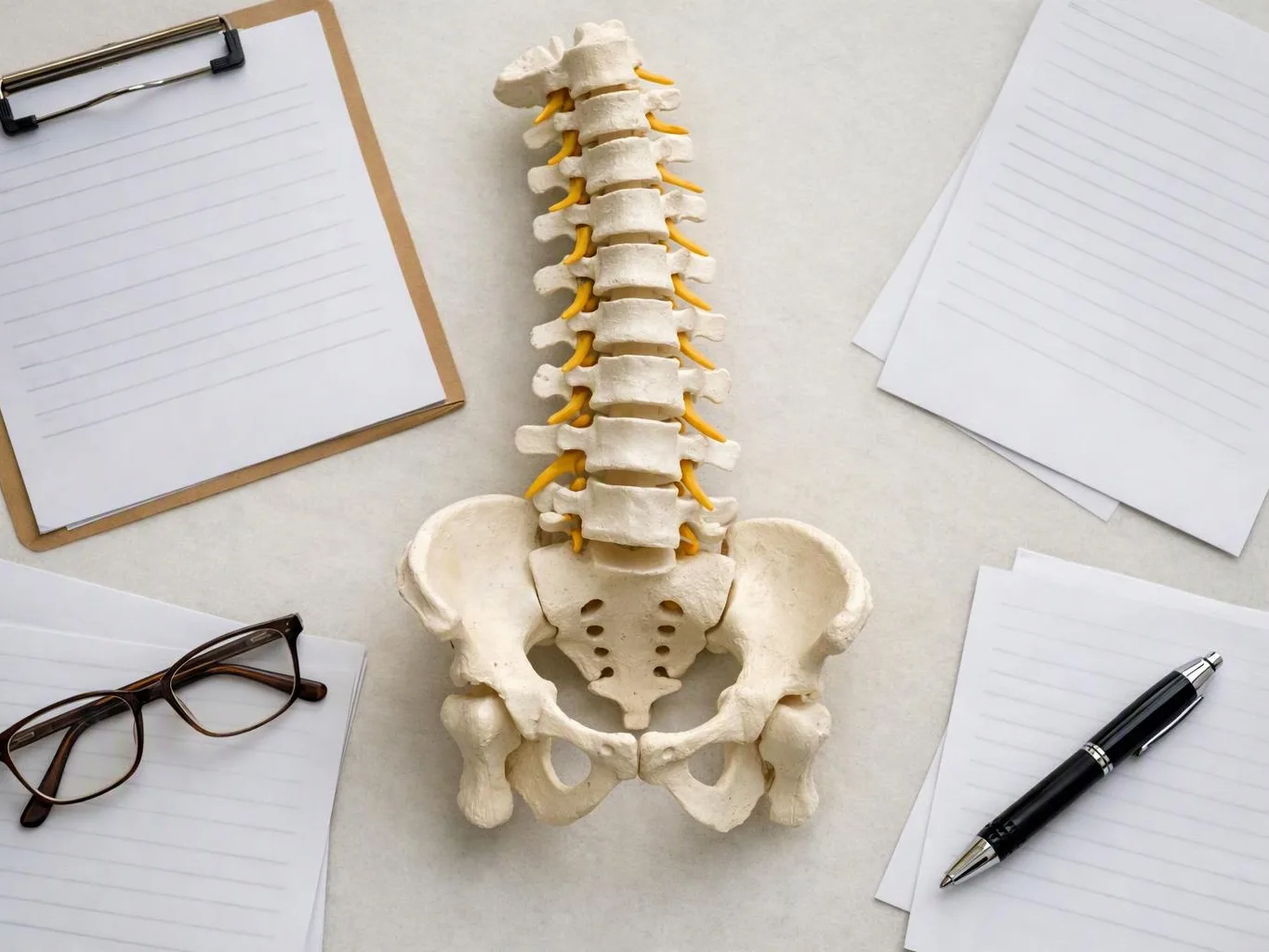 A spine and pelvis model sits on a desk surrounded by lined papers, glasses, a clipboard, and a pen