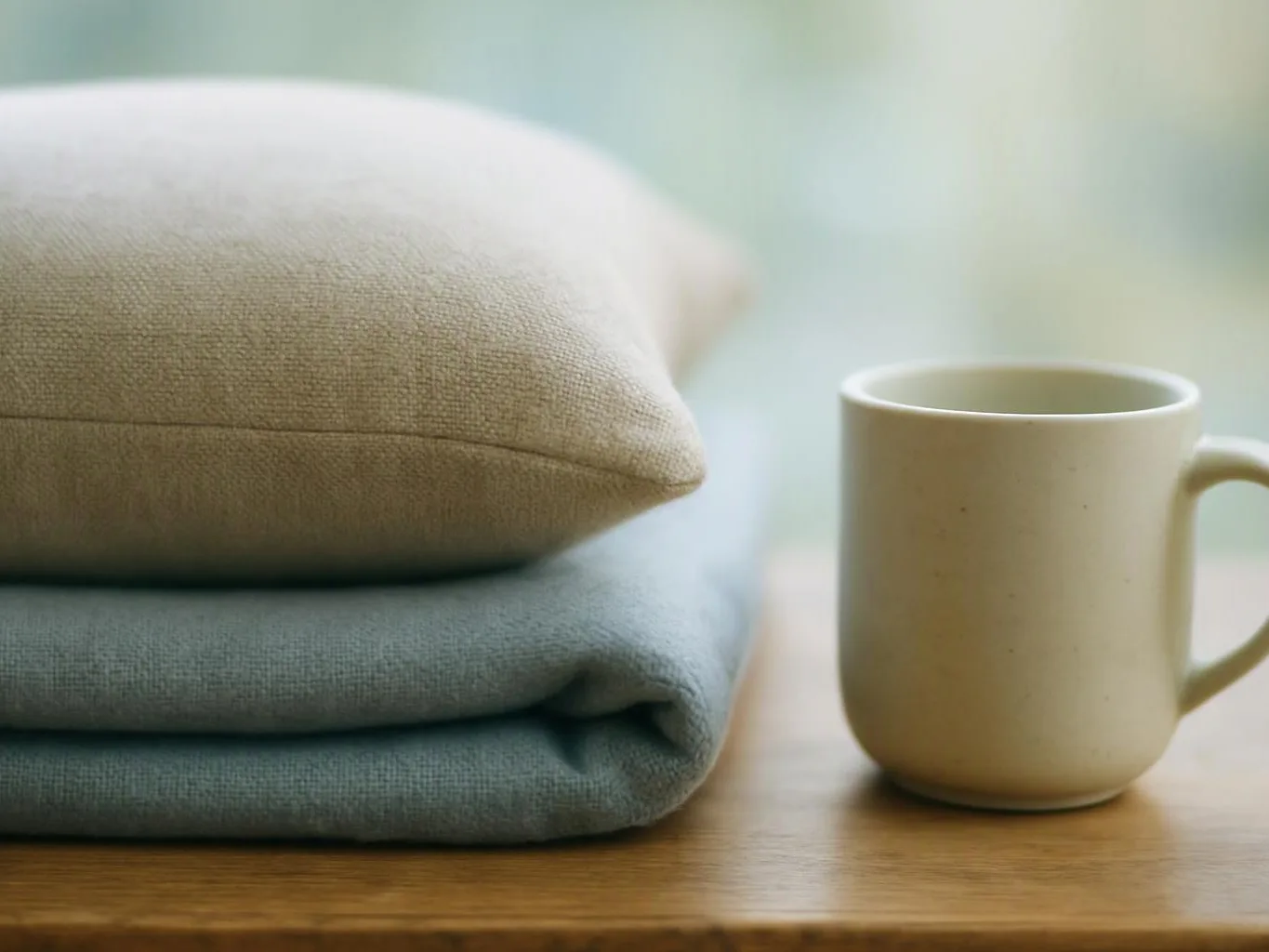 Stacked folded blankets sit beside a plain mug on a wooden table by a soft window light