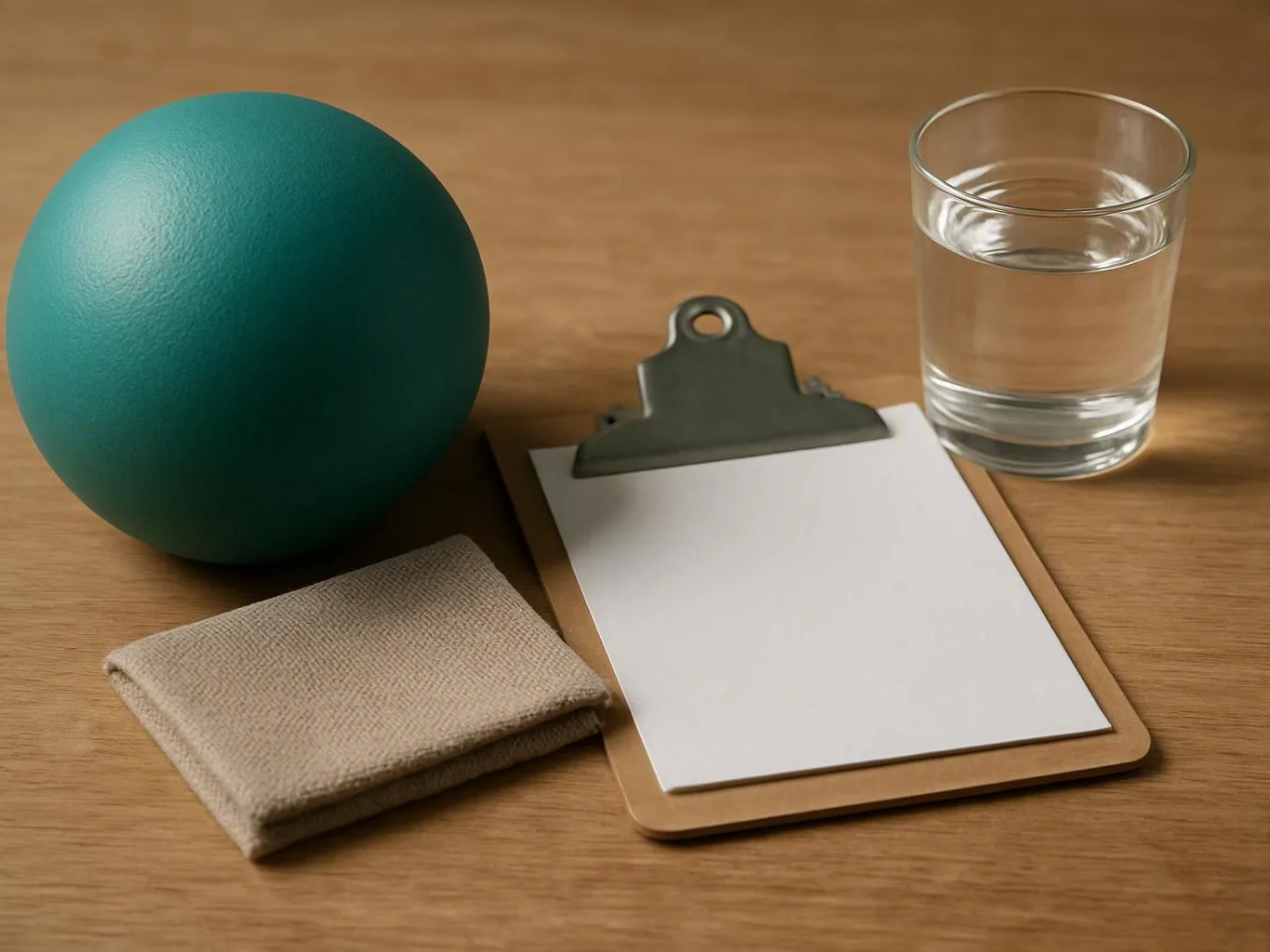 A teal exercise ball, folded cloth, blank clipboard, and glass of water sit on a wooden table