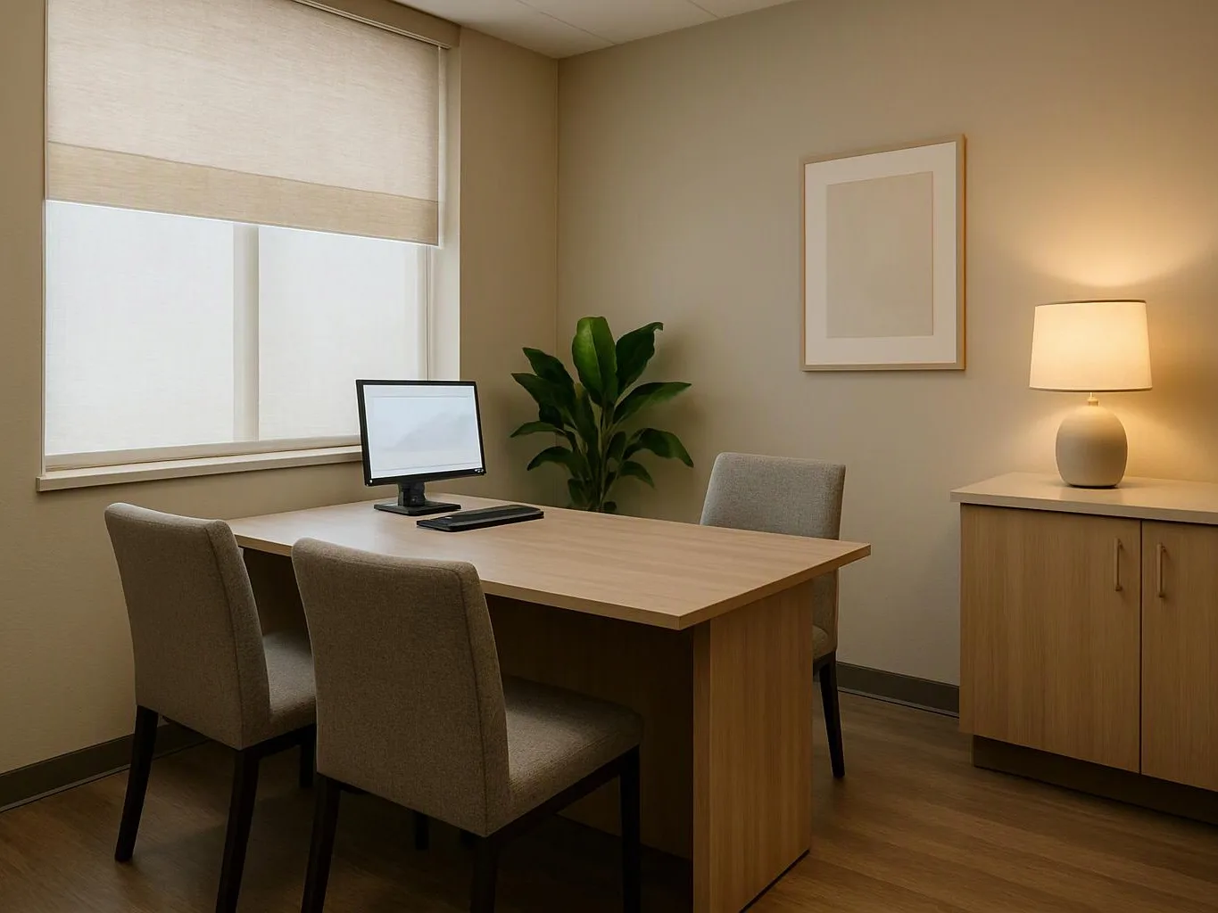 A tidy office with a desk, three chairs, a lit lamp, a potted plant, and a computer by the window